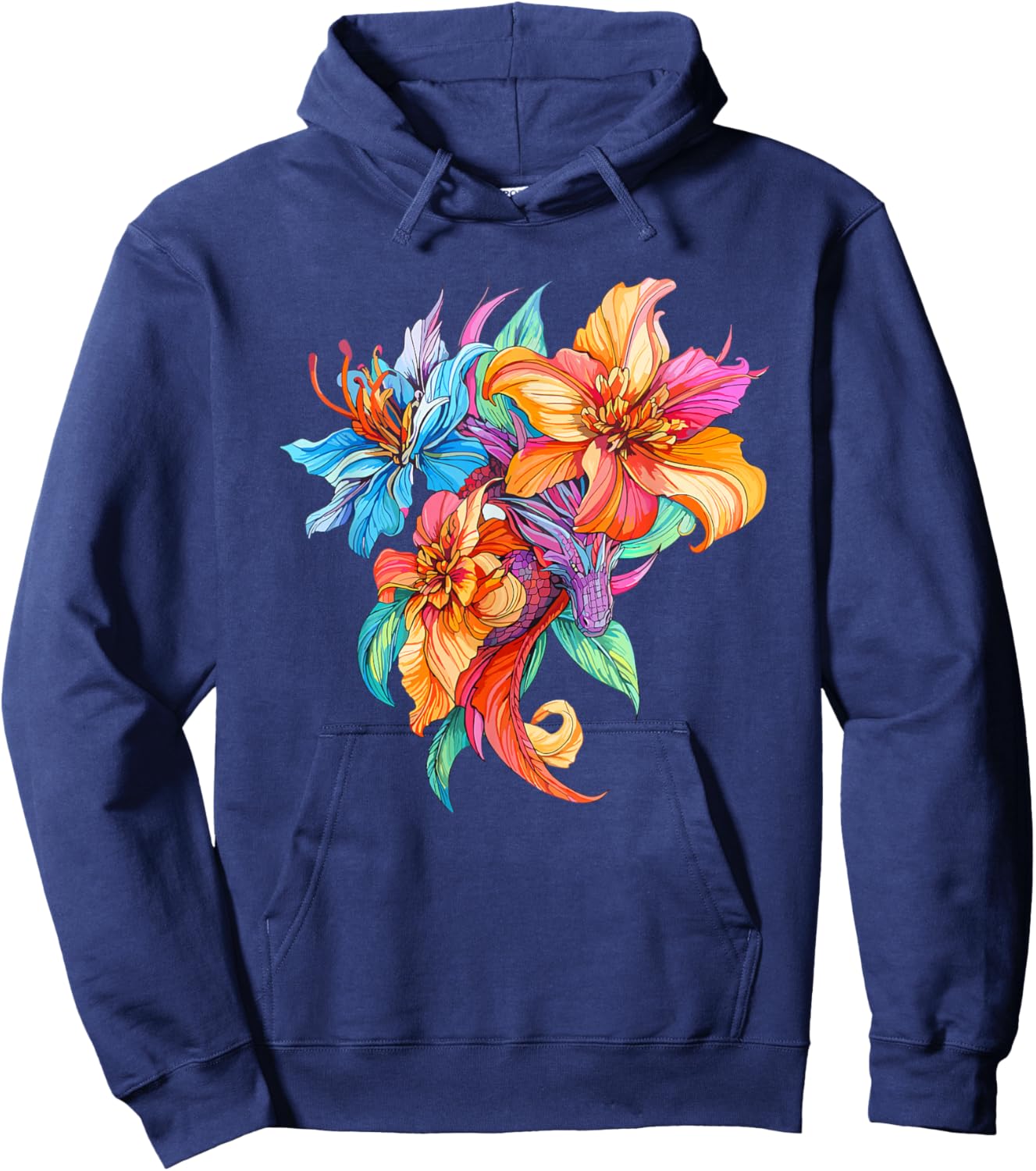 Colorful Dragon with Bright Fantasy Flowers Hoodie - Hoodie | Navy