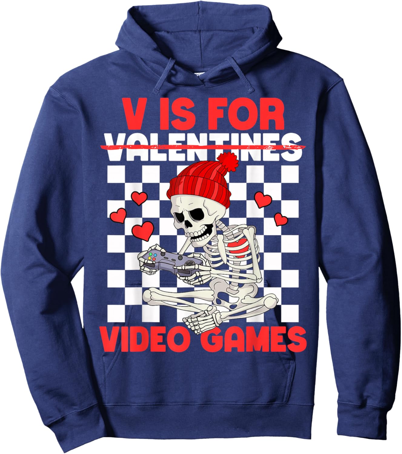 V is for Video Games Funny Boys Valentines Skeleton Gamer Hoodie - Hoodie | Navy