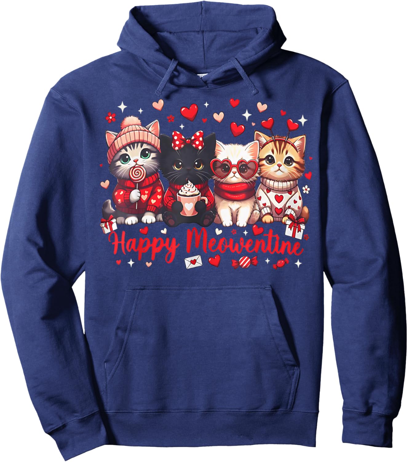 Happy Meowentines Cute Valentine Cat Lovers Girls Women Kid Hoodie - Hoodie | Navy