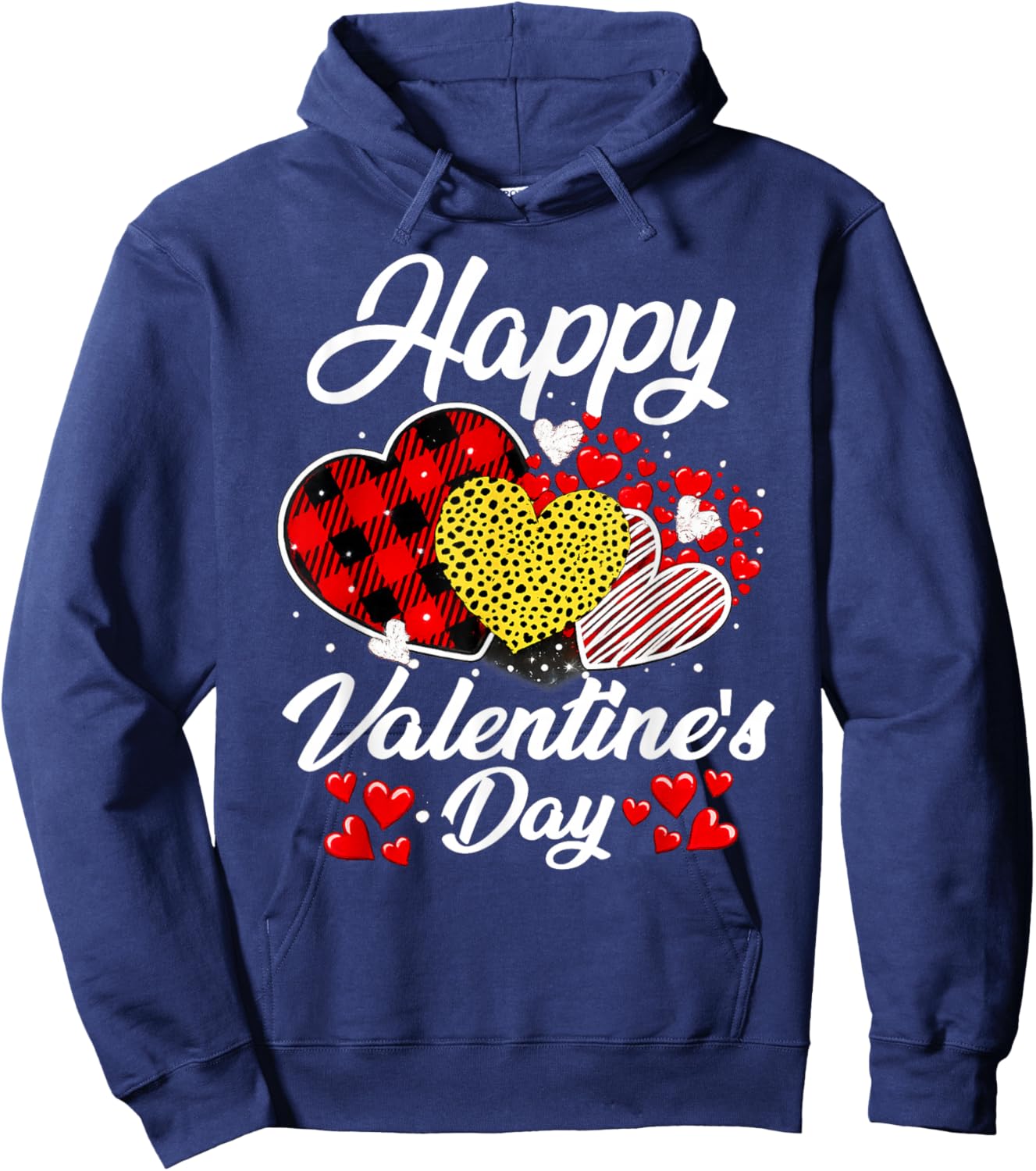 Happy Valentine's Day Hearts with Leopard Plaid Valentine Hoodie - Hoodie | Navy