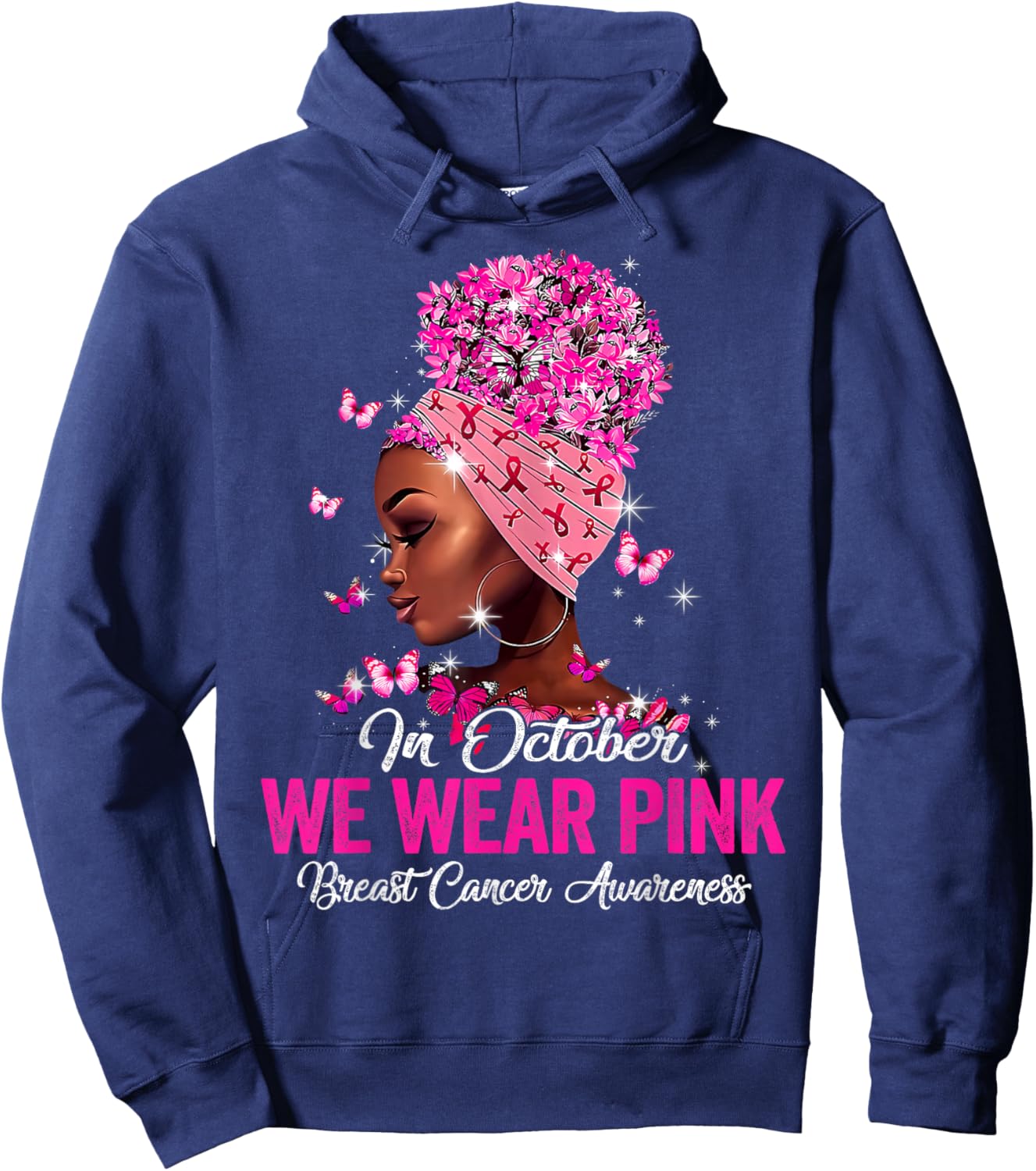 in October We Wear Pink Black Women Breast Cancer Awareness Hoodie - Hoodie | Navy