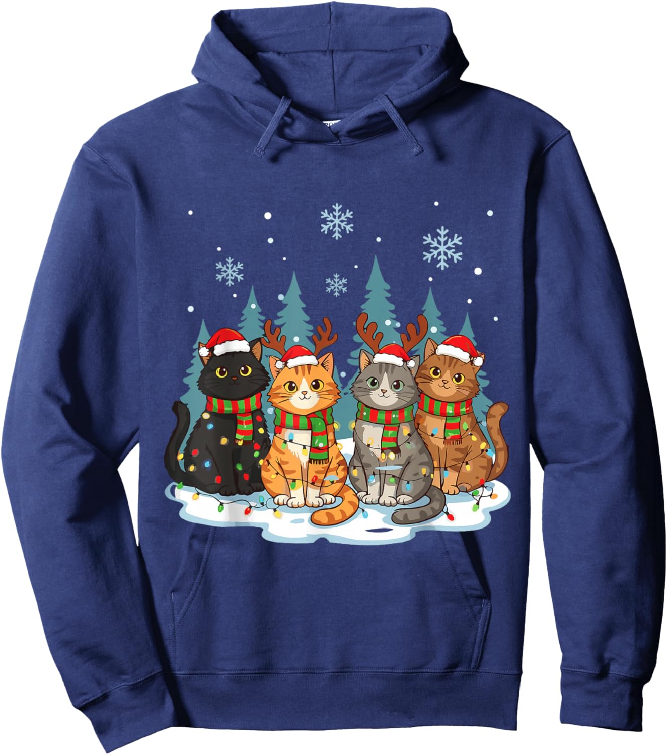 Cute Christmas Cats Funny Holiday Kitten Lights Sant Hoodie - Hoodie | Navy