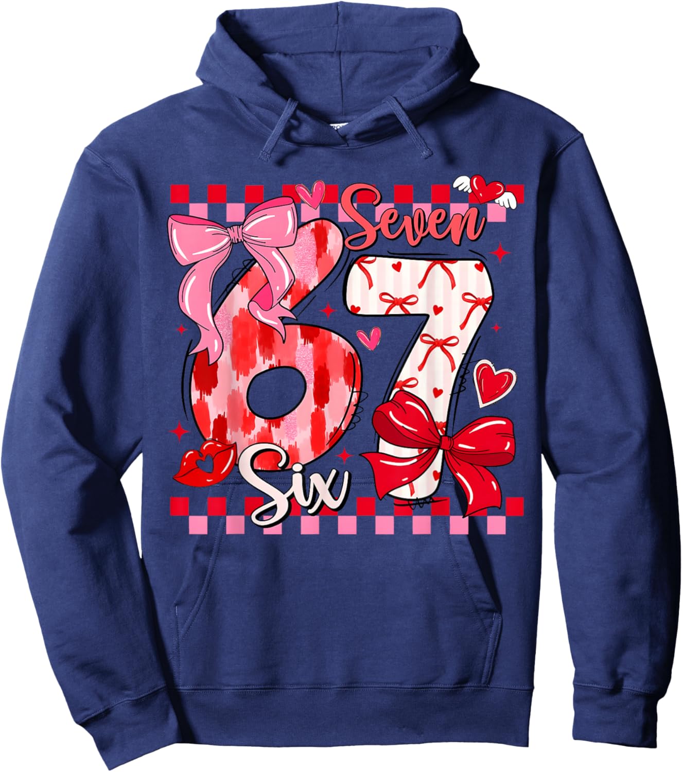 Valentine Coquette Bow Cute Six Seven 67 Meme Slang Girls Hoodie - Hoodie | Navy