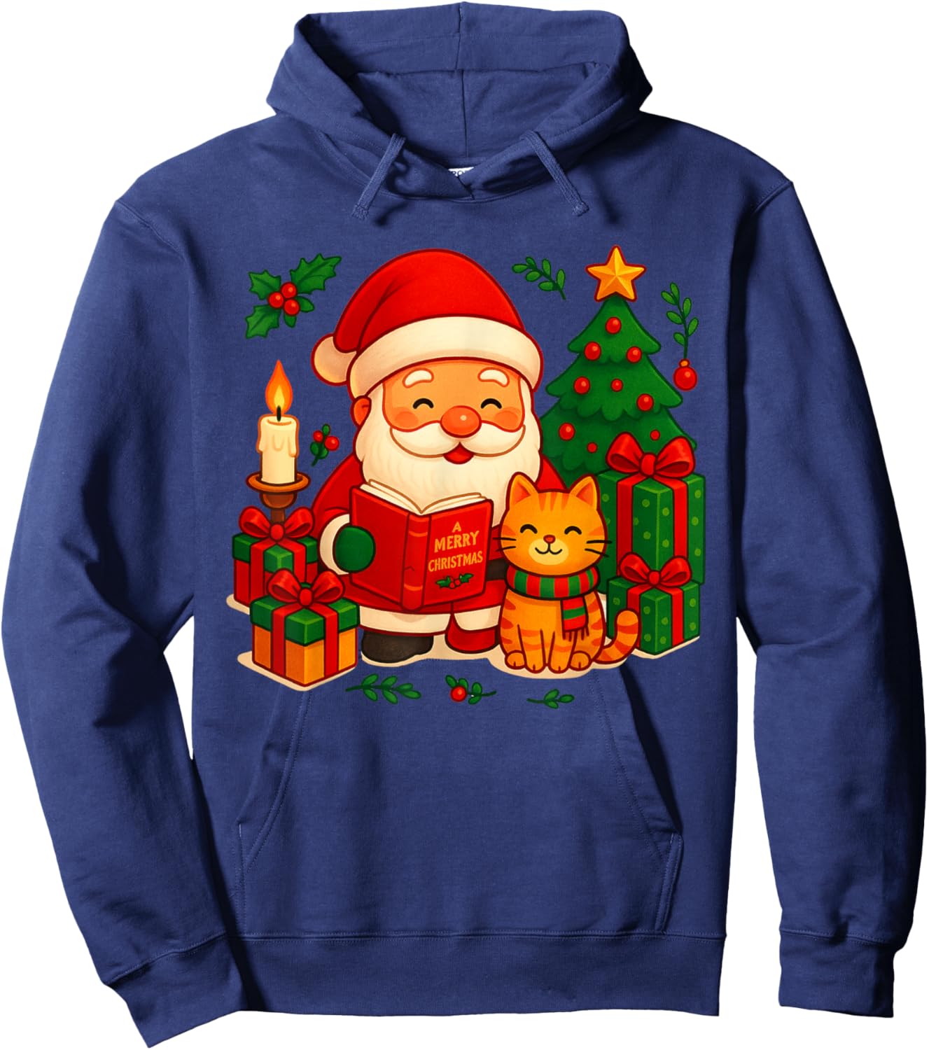 Santa Reading Book Cute Cat Christmas Xmas Women Girls Kids Hoodie - Hoodie | Navy