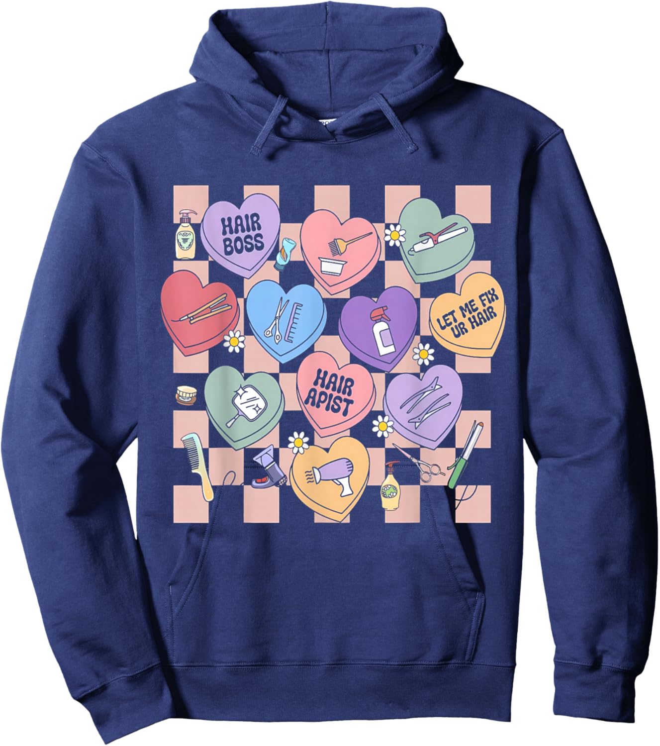 Checkered Hairstylist Heart Candy Valentines Hairdresser Hoodie - Hoodie | Navy