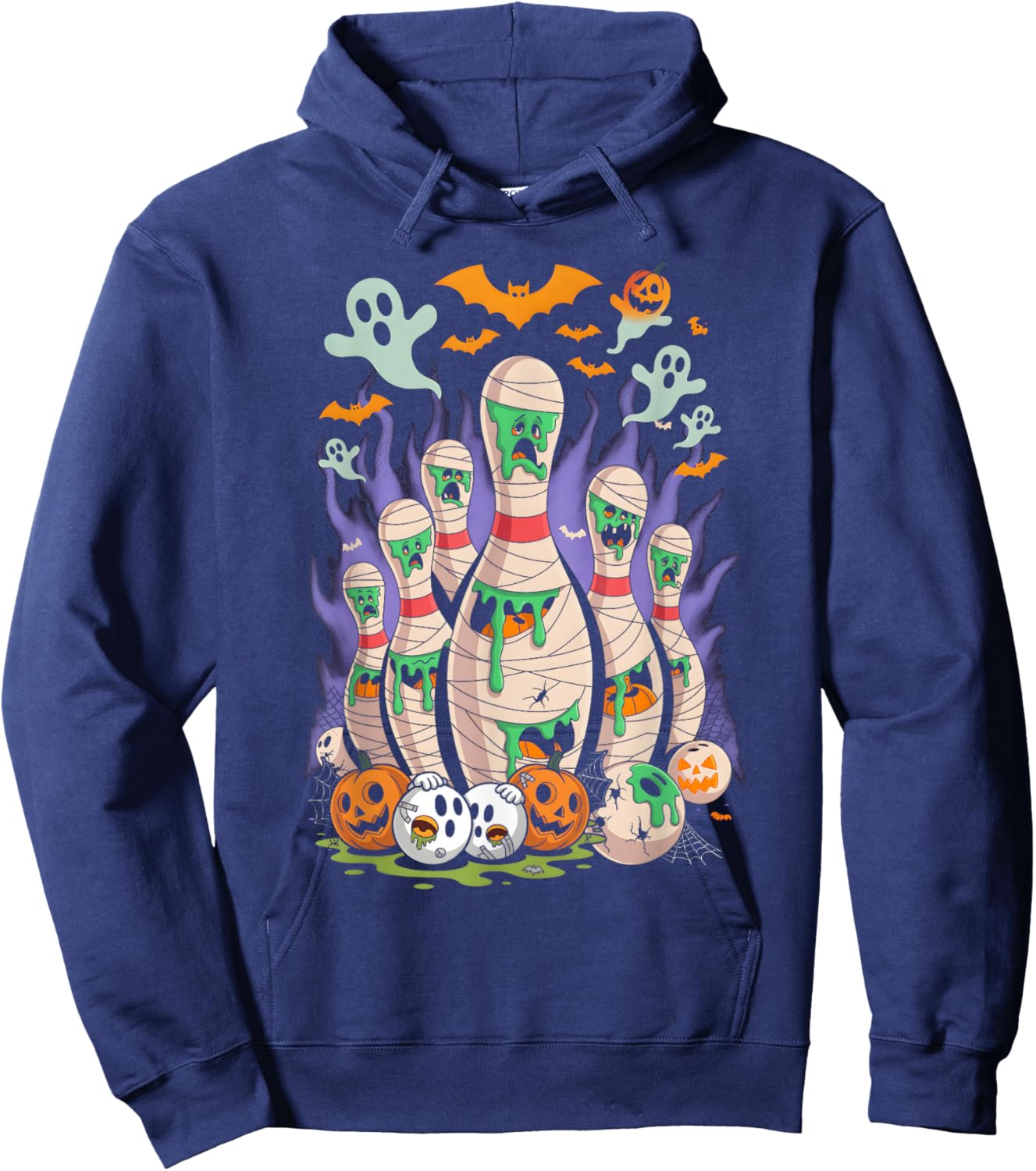 Cartoon Bowling Scared Bowling Pins Sport Bowler Halloween Hoodie - Hoodie | Navy
