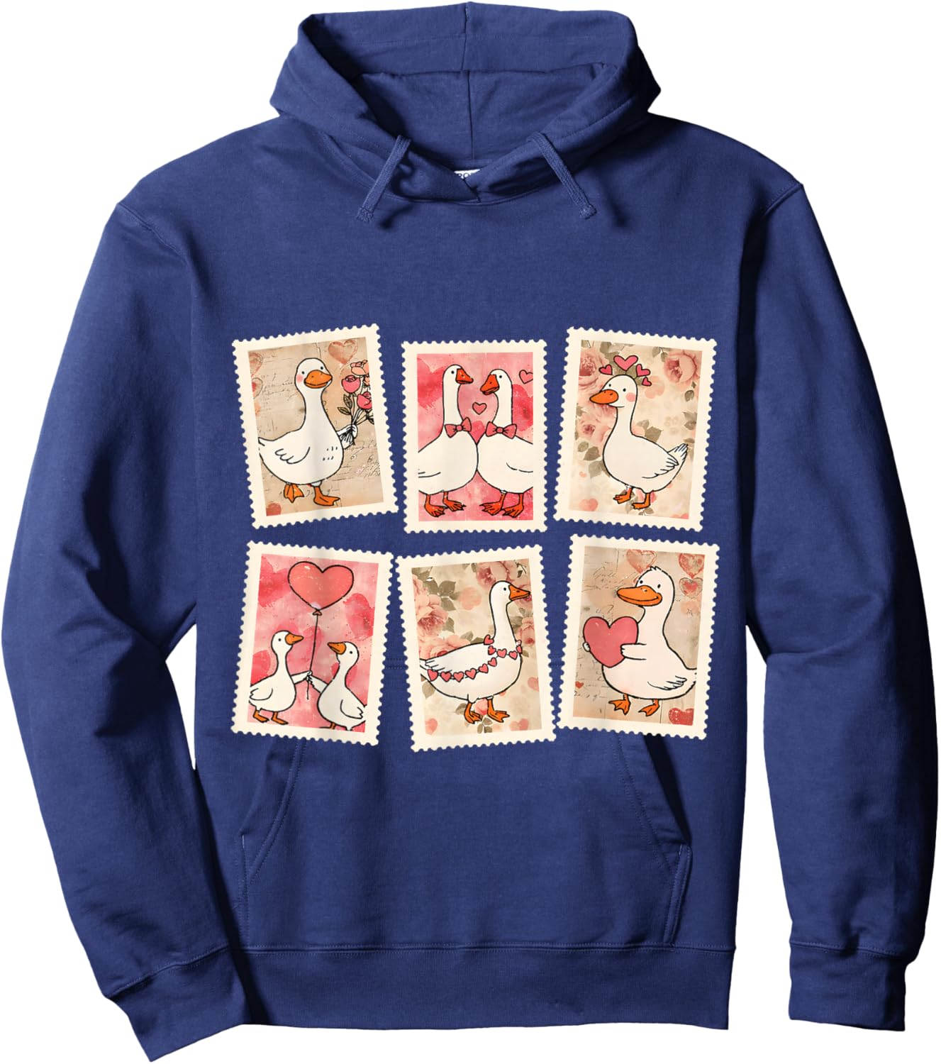Vintage Valentine Goose XOXO Be Mine Love Stamps Silly Goose Hoodie - Hoodie | Navy