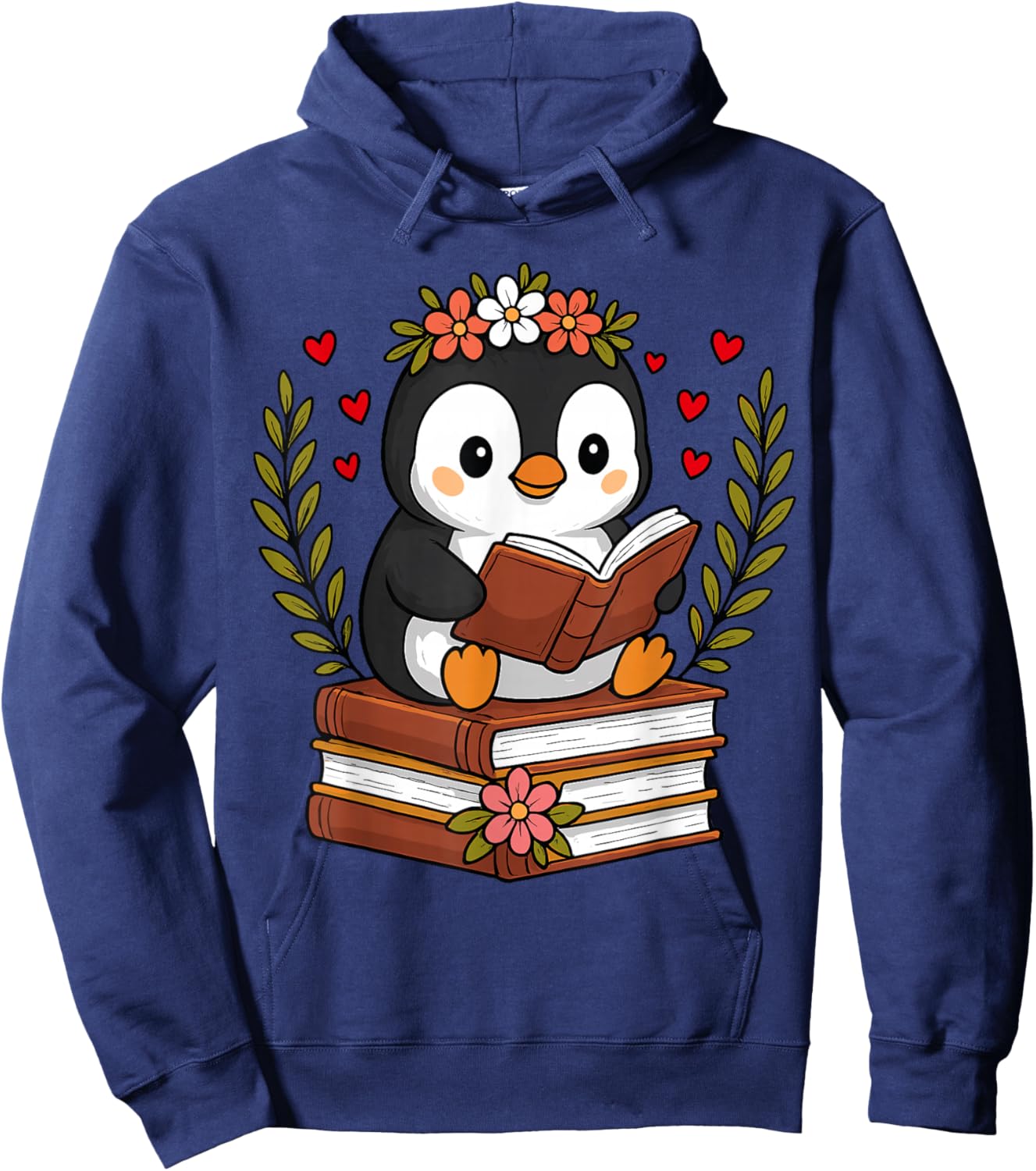 Penguin Reading Book Graphic Penguin with Book Floral Hoodie - Hoodie | Navy