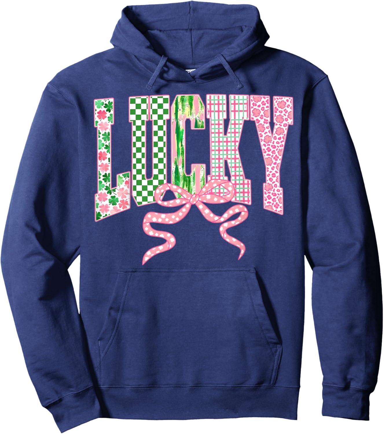 Retro Lucky Patricks Day Coquette Bow Shamrock Women Girls Hoodie - Hoodie | Navy