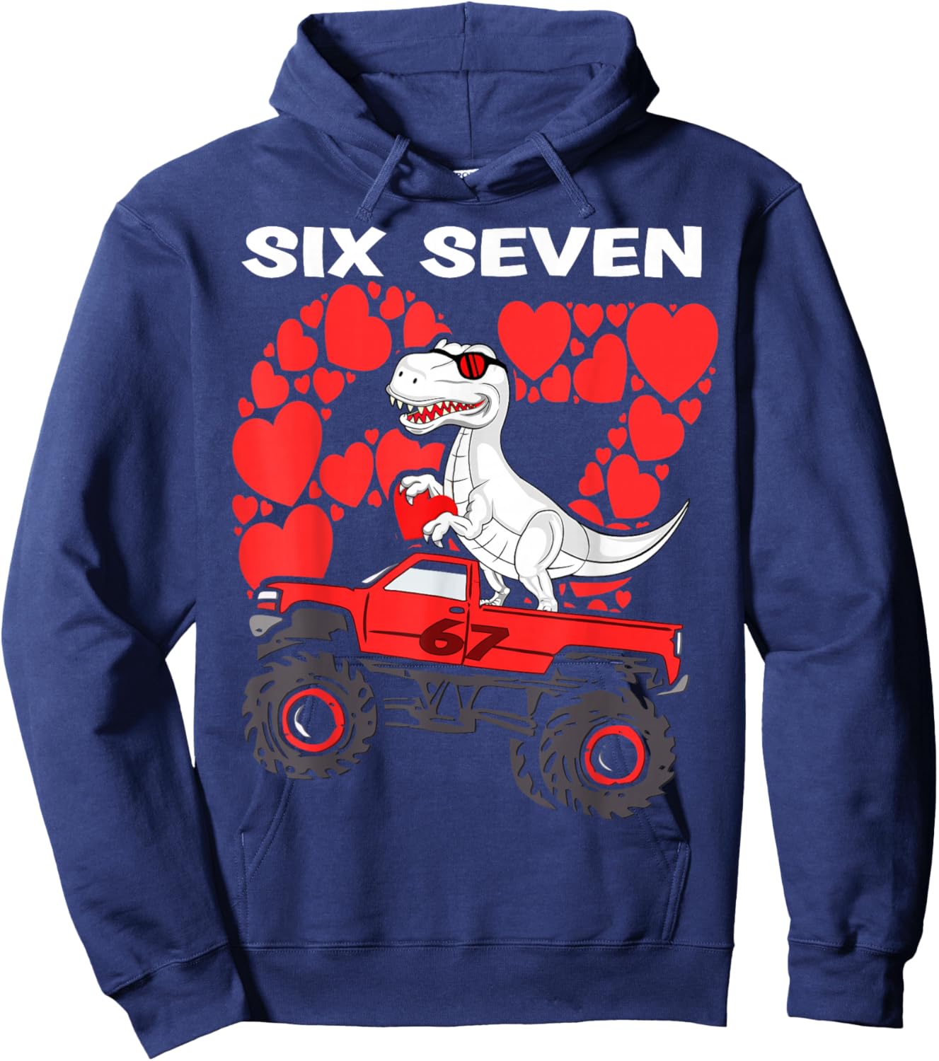 Valentines Day Boys Kids Truck Hearts Dinosaur six Seven 67 Hoodie - Hoodie | Navy