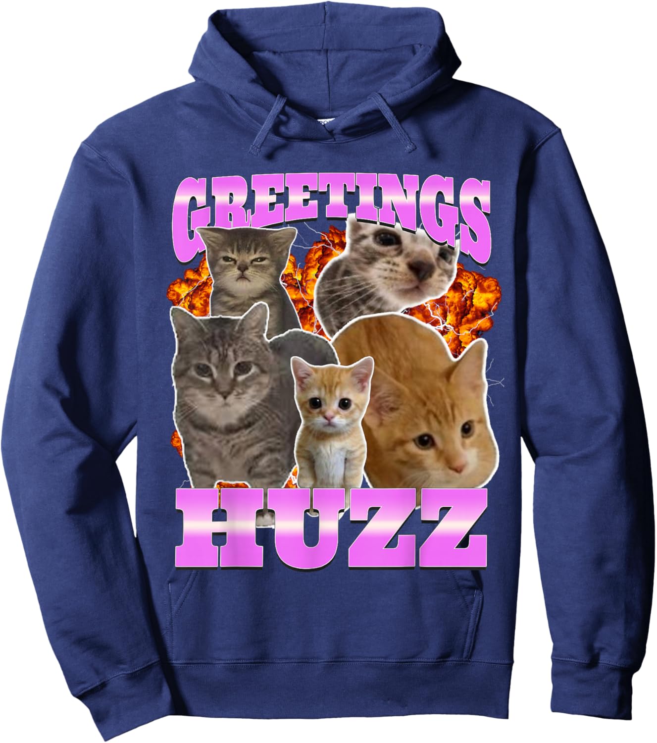 Greetings Huzz Cat Meme Funny Bootleg Graphic Hoodie - Hoodie | Navy