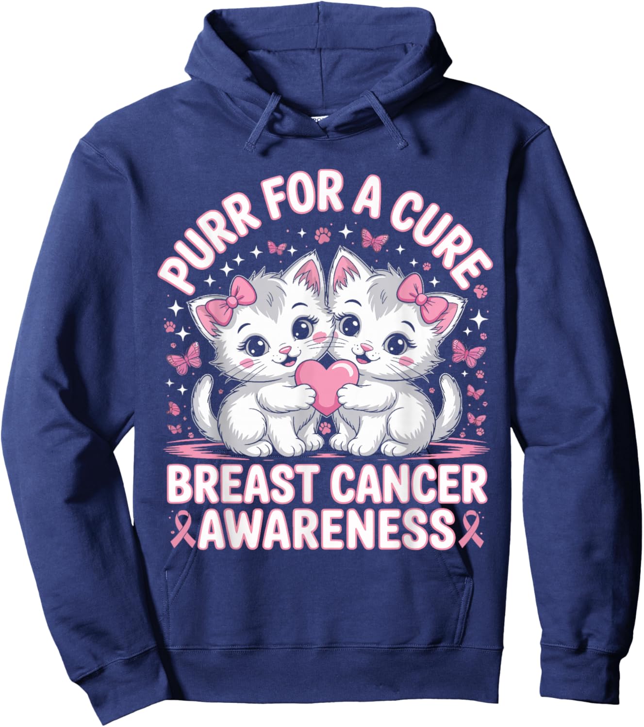 Purr for A Cure – Cute Cat Breast Cancer Awareness Support Hoodie - Hoodie | Navy