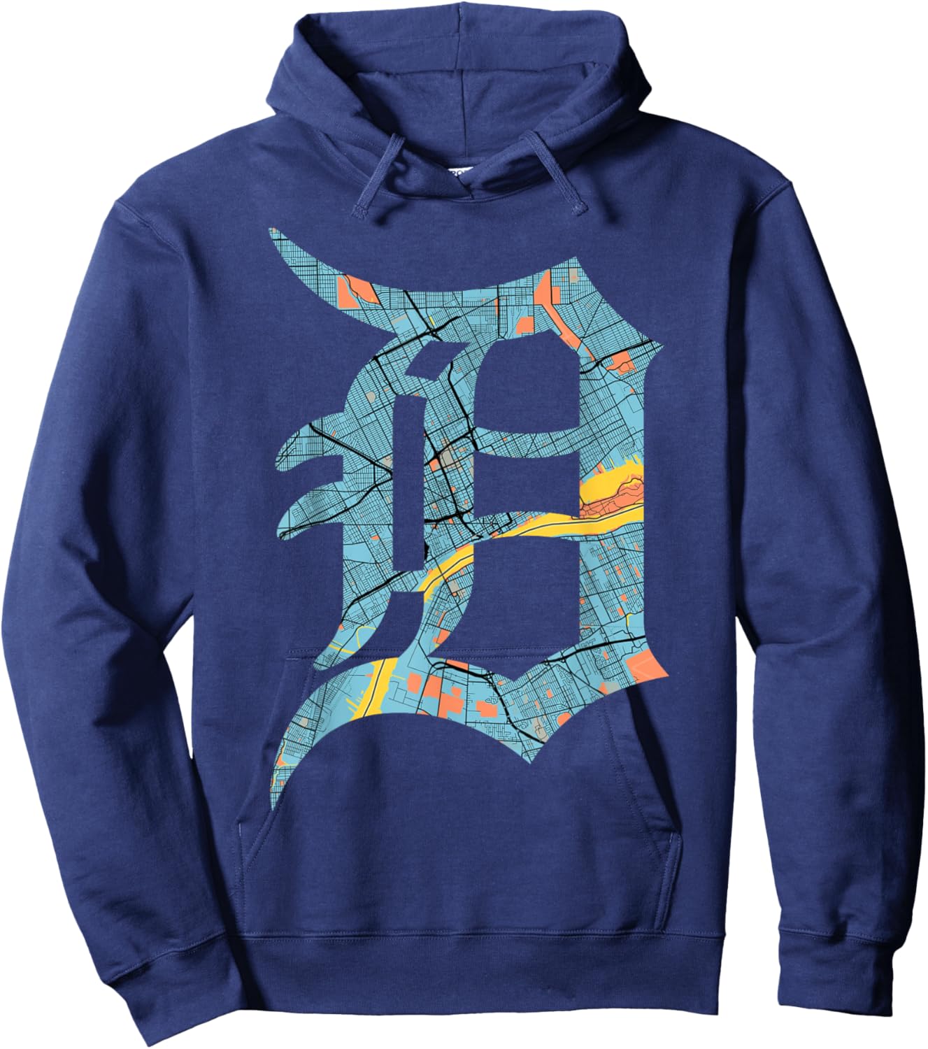 Distressed Detroit D Logo Lettering Road Map Native Design Hoodie - Hoodie | Navy