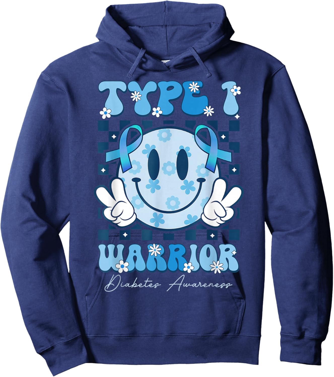 T1D Warrior Type 1 Diabetes Awareness Blue Ribbon Cute Face Hoodie - Hoodie | Navy