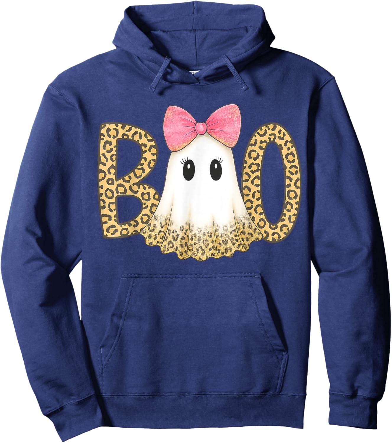 Cute Leopard Print Boo Ghost with Pink Bow Halloween Hoodie - Hoodie | Navy