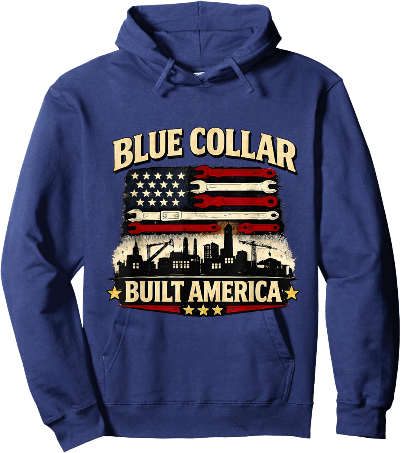 Blue Collar Built America Vintage Tools and Flag Art Hoodie - Hoodie | Navy