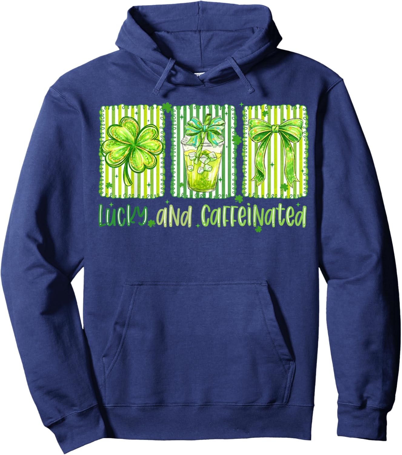 Lucky and Caffeinated St Patrick's Day Shamrock Bow Coffee Hoodie - Hoodie | Navy
