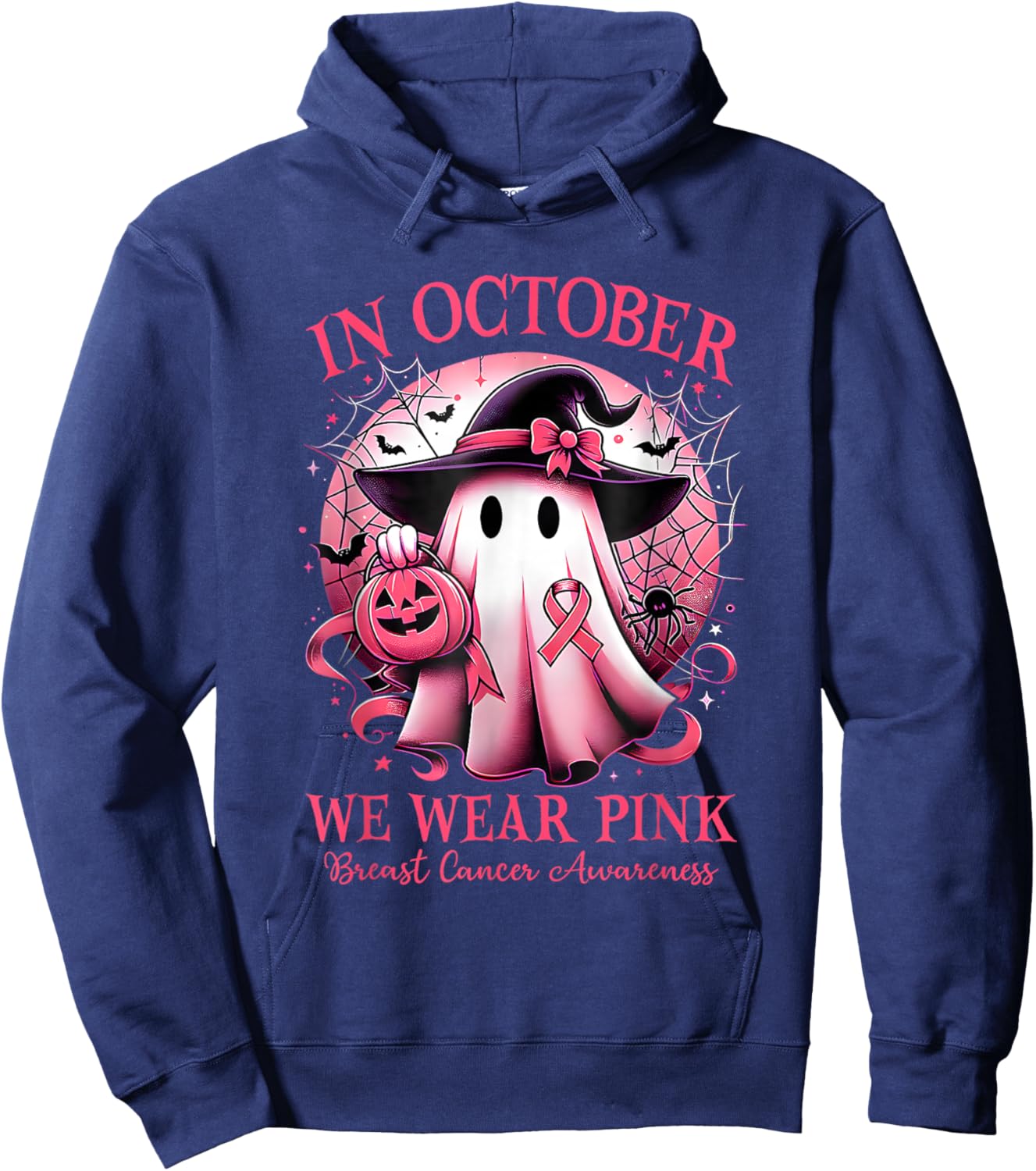 in October We Wear Pink Witch Ghost Breast Cancer Hoodie - Hoodie | Navy