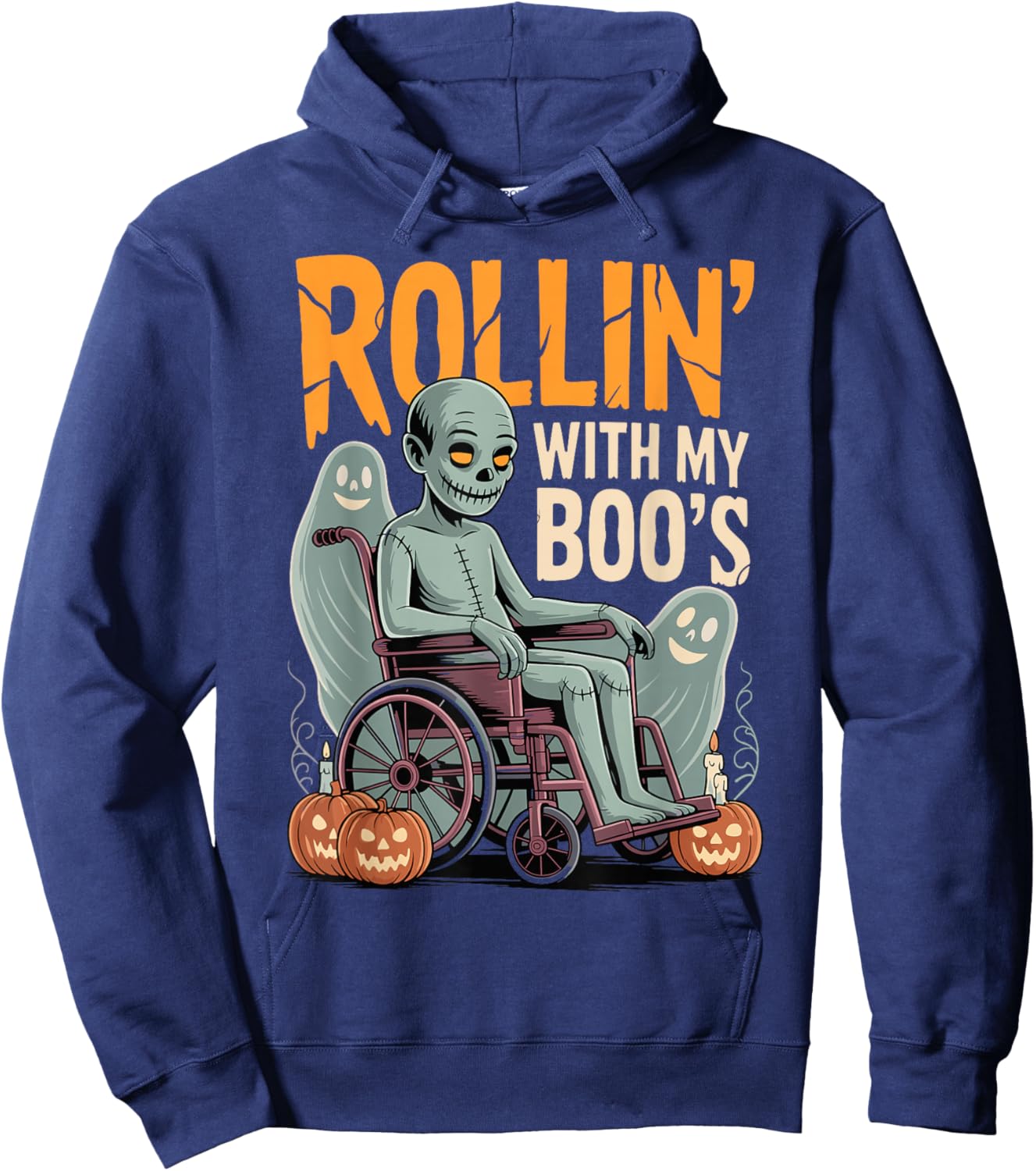 Halloween Wheelchair Costume Handicap Joke Rollin with Boo's Hoodie - Hoodie | Navy
