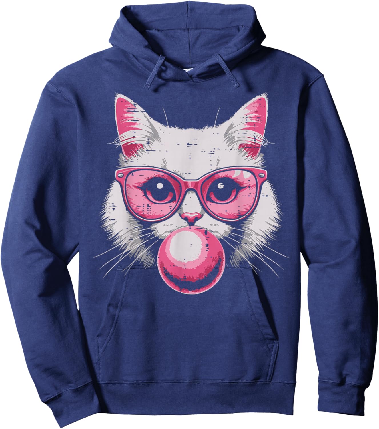 Cat Face Pink Glasses Bubble Gum Cute Kitty Women Girls Kids Hoodie - Hoodie | Navy