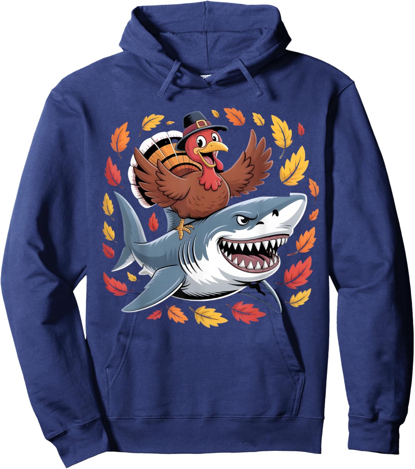 Thanksgiving Turkey Riding Shark Funny Autumn Boys Kids Hoodie - Hoodie | Navy