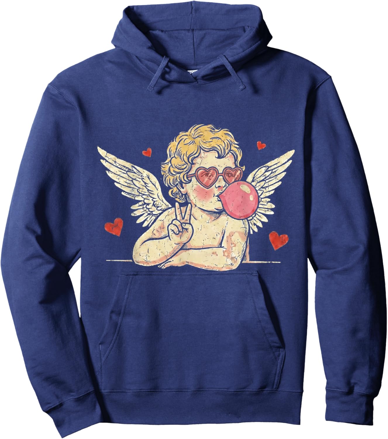 Retro Vintage Valentine Day Peace Sign Cupid Blowing Bubble Hoodie - Hoodie | Navy