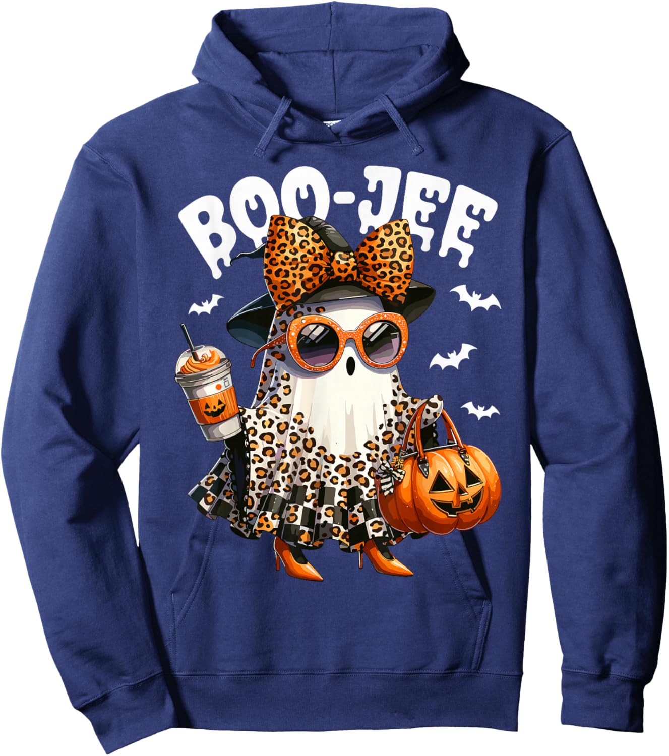 Boo JEE Ghost Boojee Leopard Bow Spooky Vibes Halloween Hoodie - Hoodie | Navy