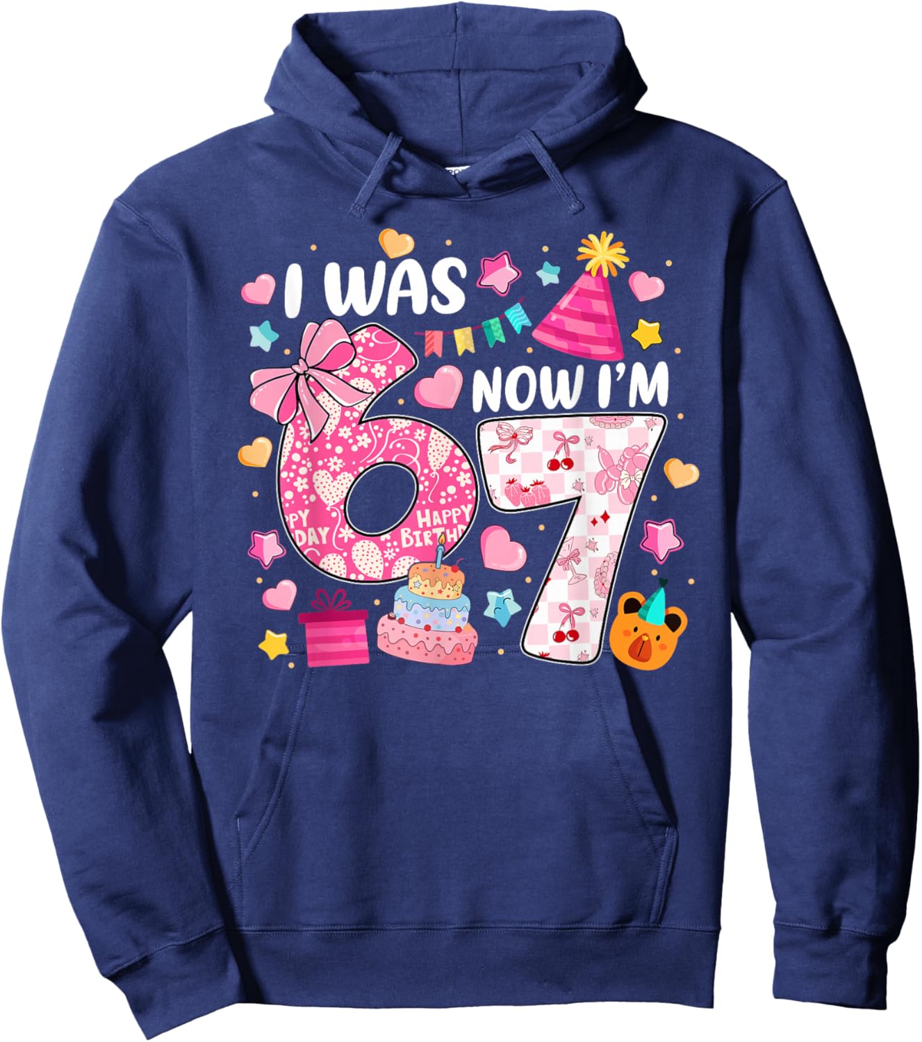 I was 6 Now I'm 7 Birthday Preppy Six Seven Girls Kids Hoodie - Hoodie | Navy