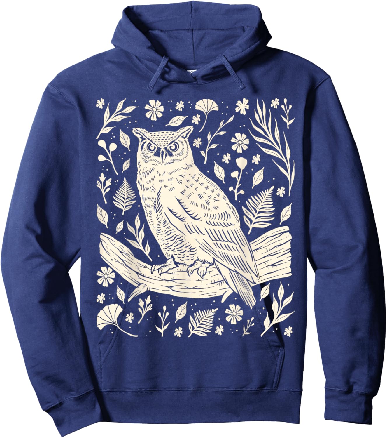 Wild Owl Linocut Bird Nature Lino Print Folk Art Forest Hoodie - Hoodie | Navy