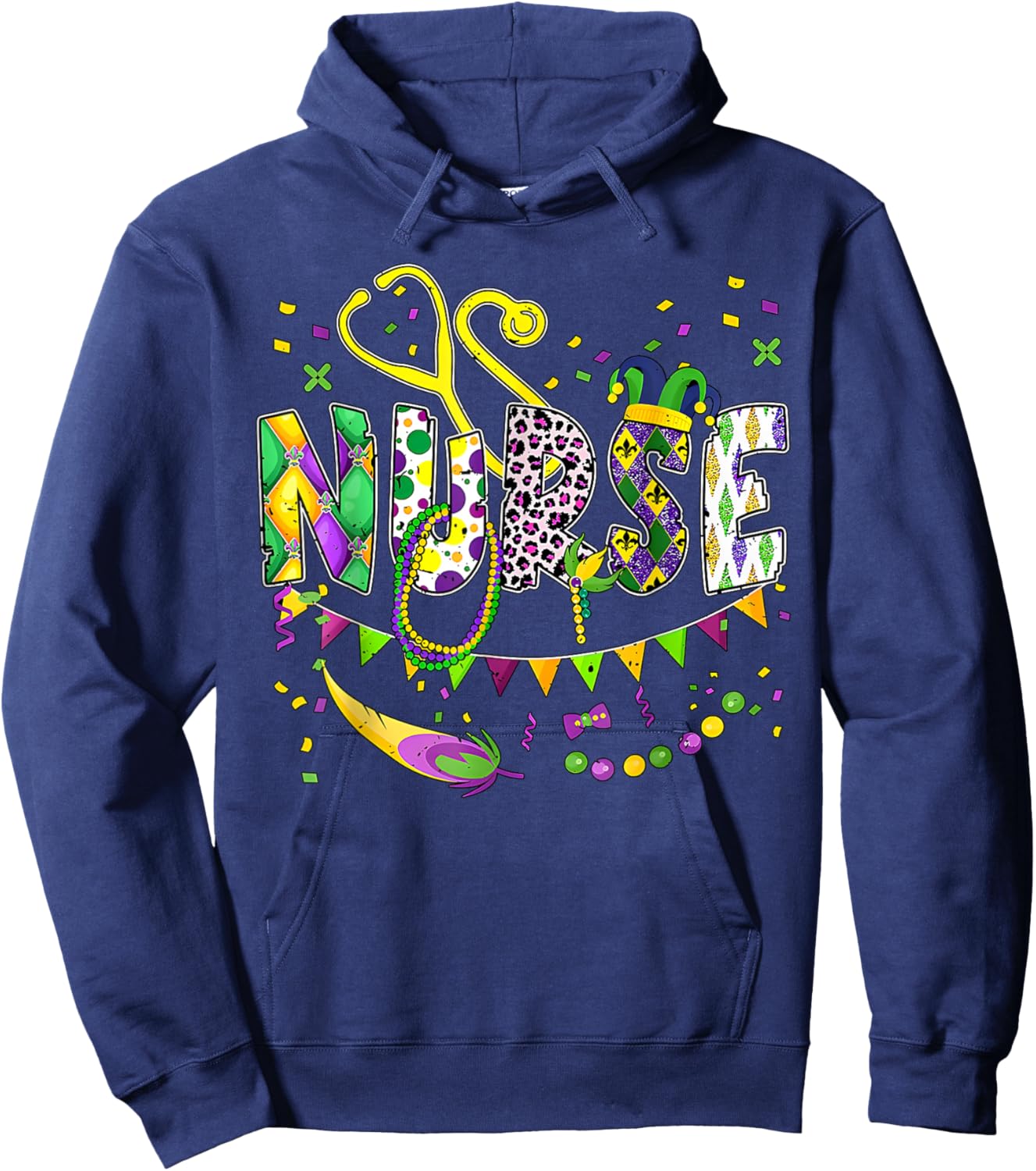 Nurse Mardi Gras Stethoscope Beads Leopard Festival Party Hoodie - Hoodie | Navy