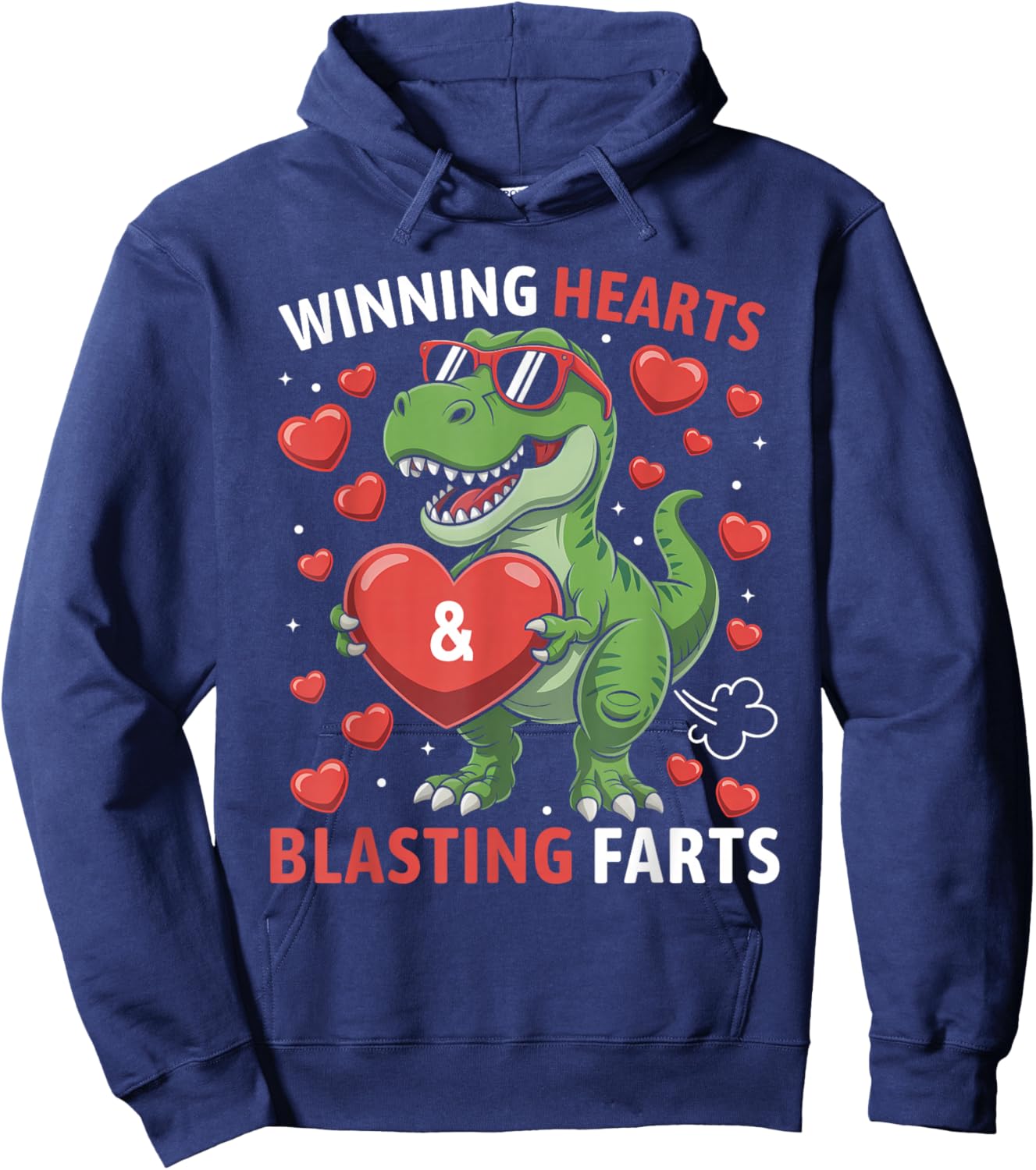 Winning Hearts & Blasting Farts Kids Valentines Dinosaur Hoodie - Hoodie | Navy