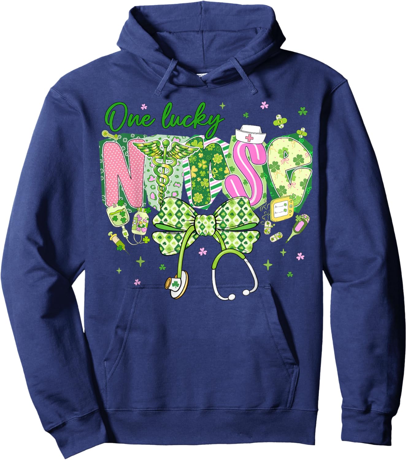 One Lucky Nurse St.Patrick's Day Coquette Bow Shamrock Women Hoodie - Hoodie | Navy