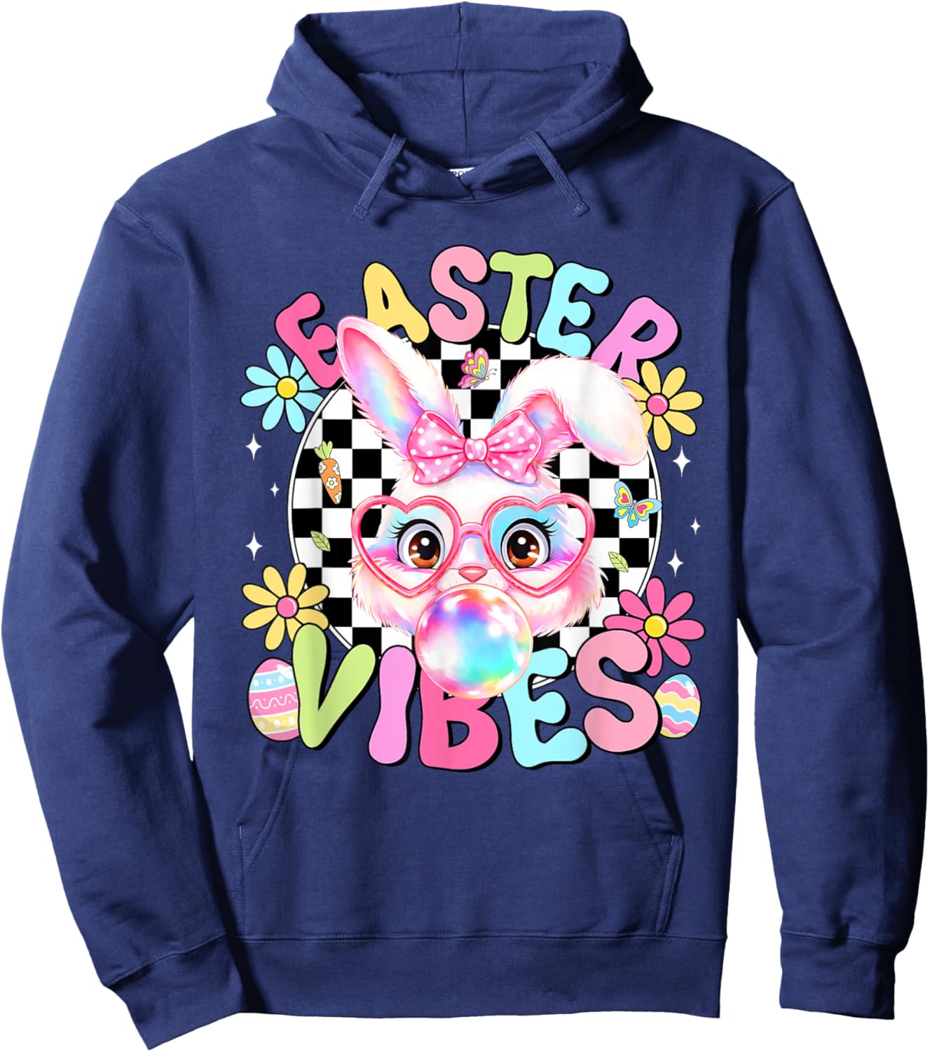 Happy Easter Vibes Cute Bunny Rabbit Bubble Gum Face Women Hoodie - Hoodie | Navy