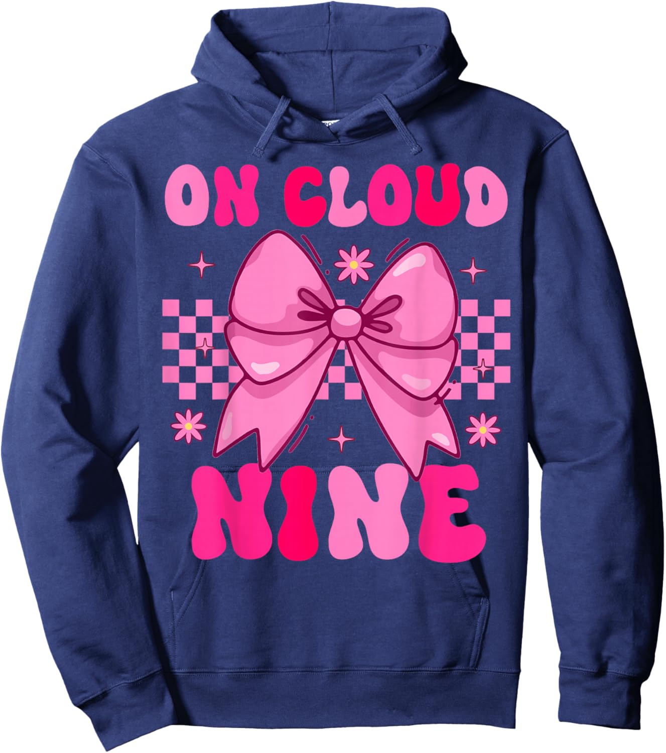 Groovy On Cloud Nine Bday 9th Birthday Girl Coquette Bow Hoodie - Hoodie | Navy