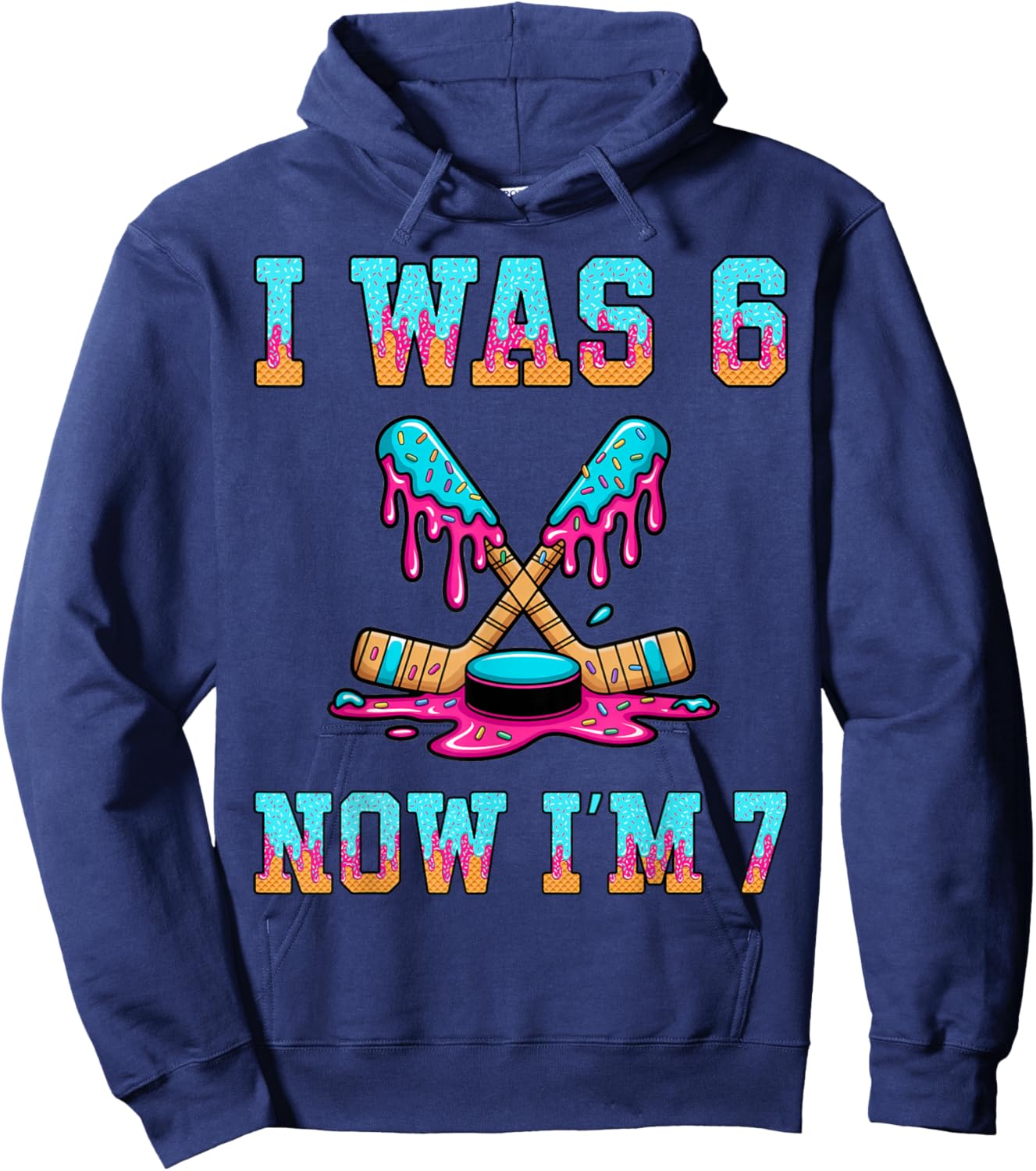 I was 6 Now I'm 7 Hockey Boys 7th Birthday Theme Kids Girls Hoodie - Hoodie | Navy