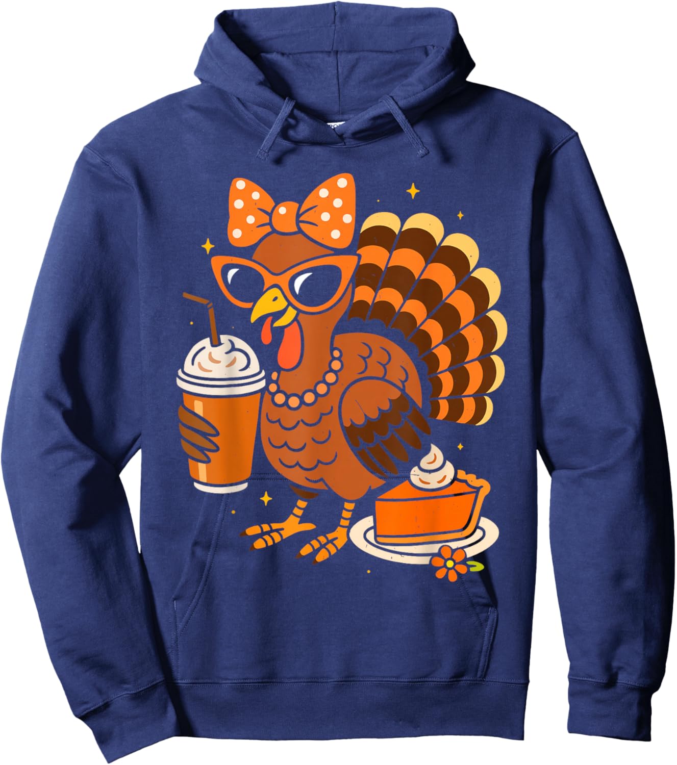 Turkey Drinking Coffee Bow Thanksgiving Turkey Day Hoodie - Hoodie | Navy