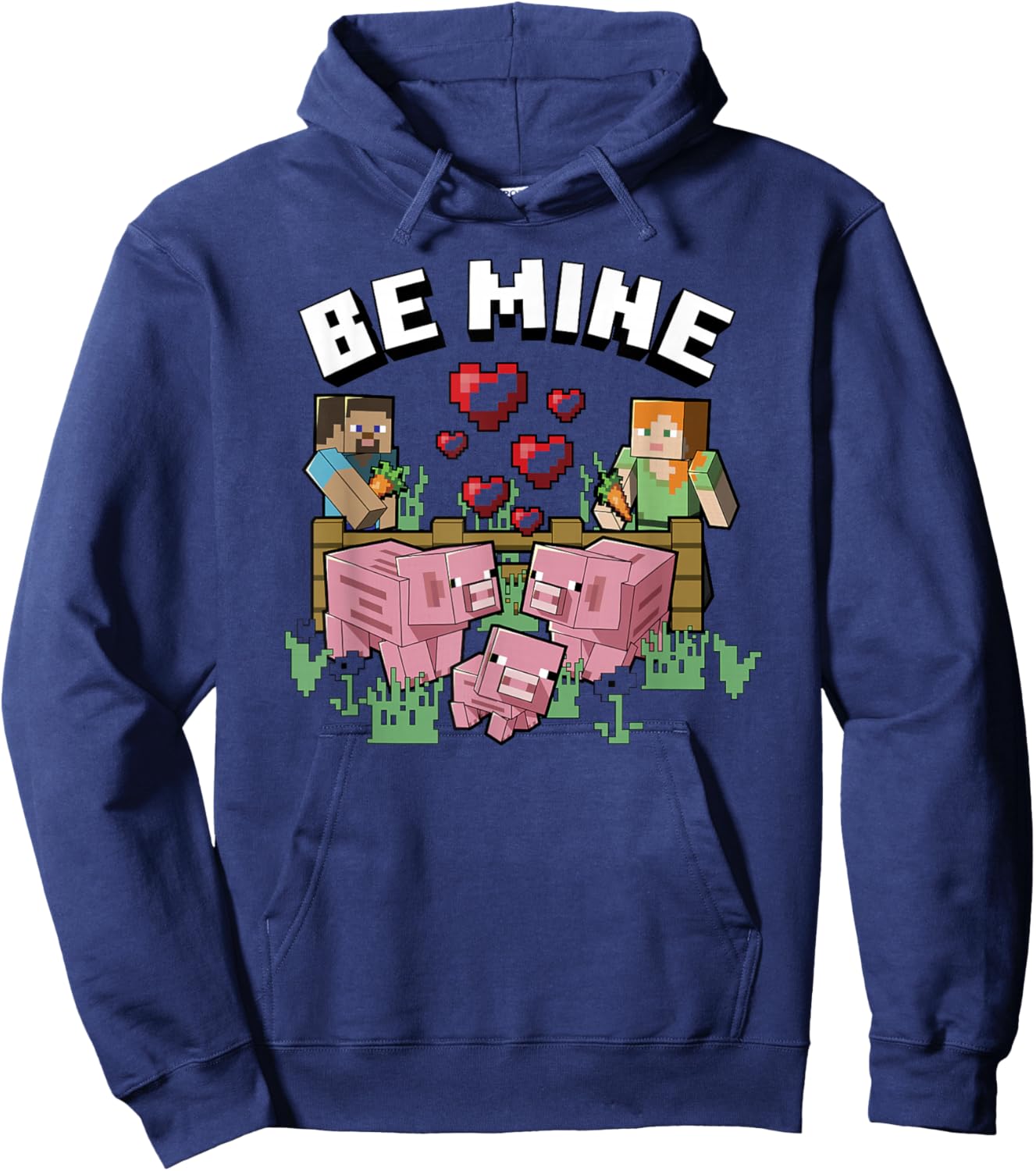 Minecraft Valentine's Day Steve & Alex Feeding Piggy Family Hoodie - Hoodie | Navy