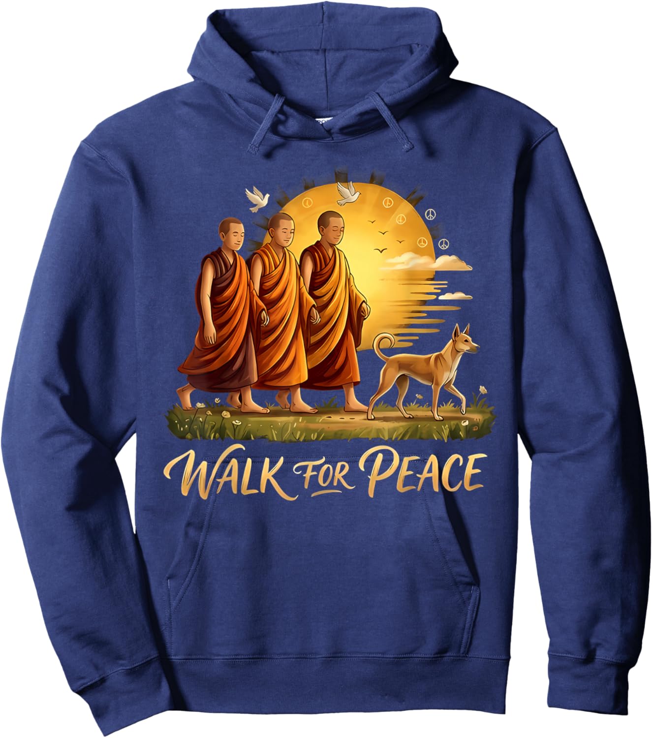 Walk for Peace Monks with Aloka Dog Sunset Peace Sign Art Hoodie - Hoodie | Navy