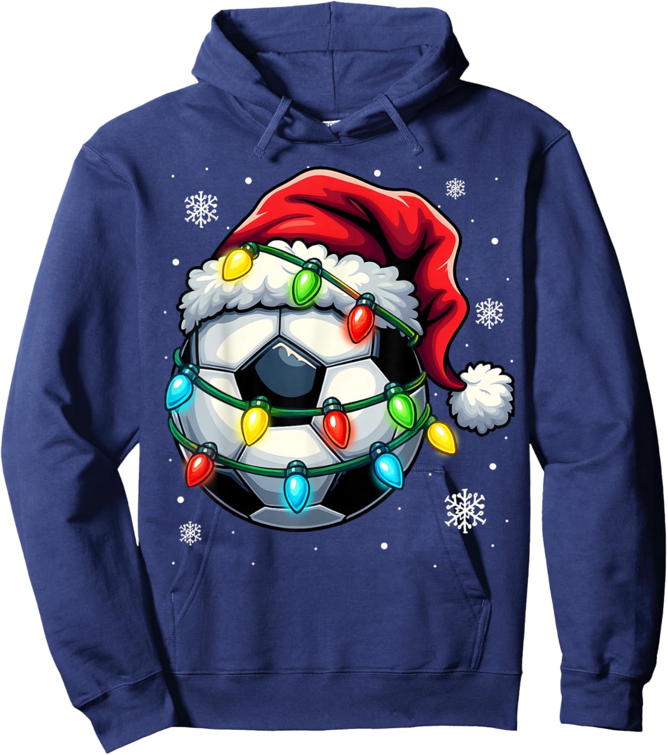 Christmas Soccer Ball Santa Hat Xmas Lights Funny Men Boys Hoodie - Hoodie | Navy