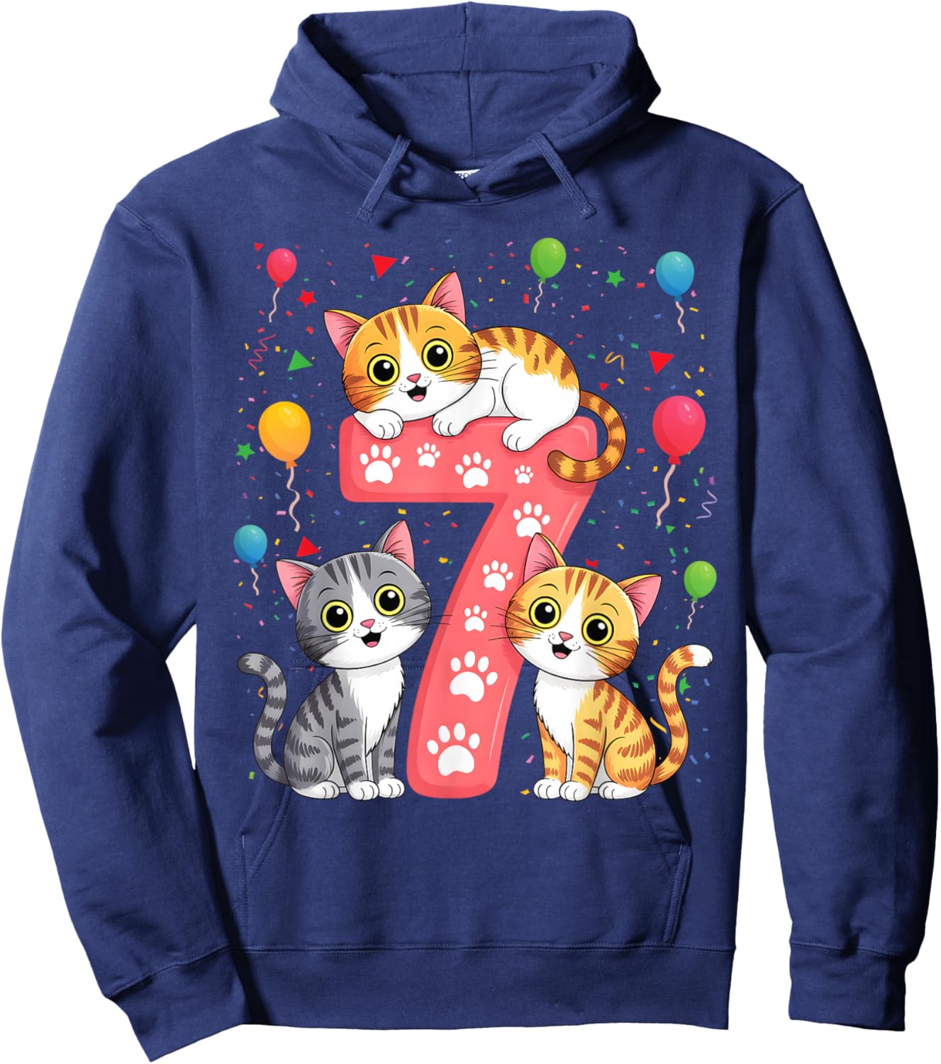 Kids 7th Birthday Girl Cats Outfit 7 Years Old Hoodie - Hoodie | Navy