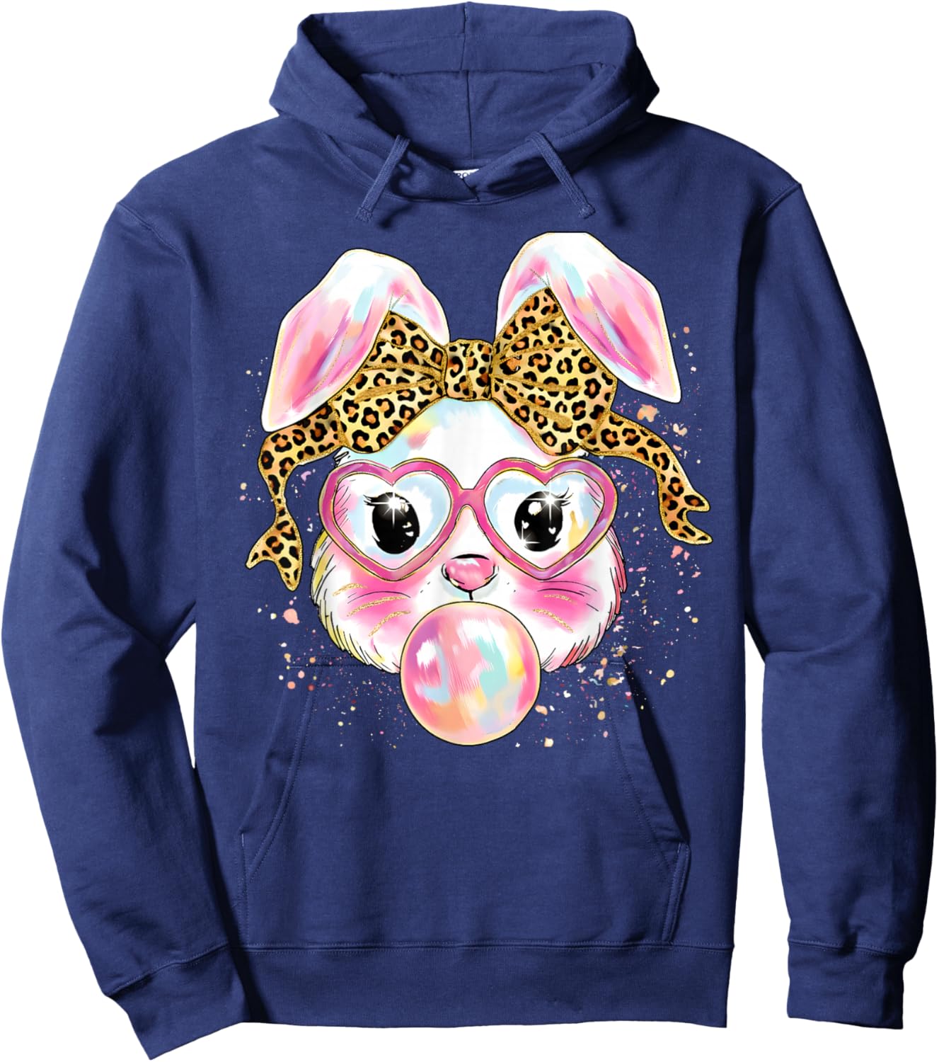 Happy Easter Leopard Coquette Bow Bunny Blowing Bubble Gum Hoodie - Hoodie | Navy