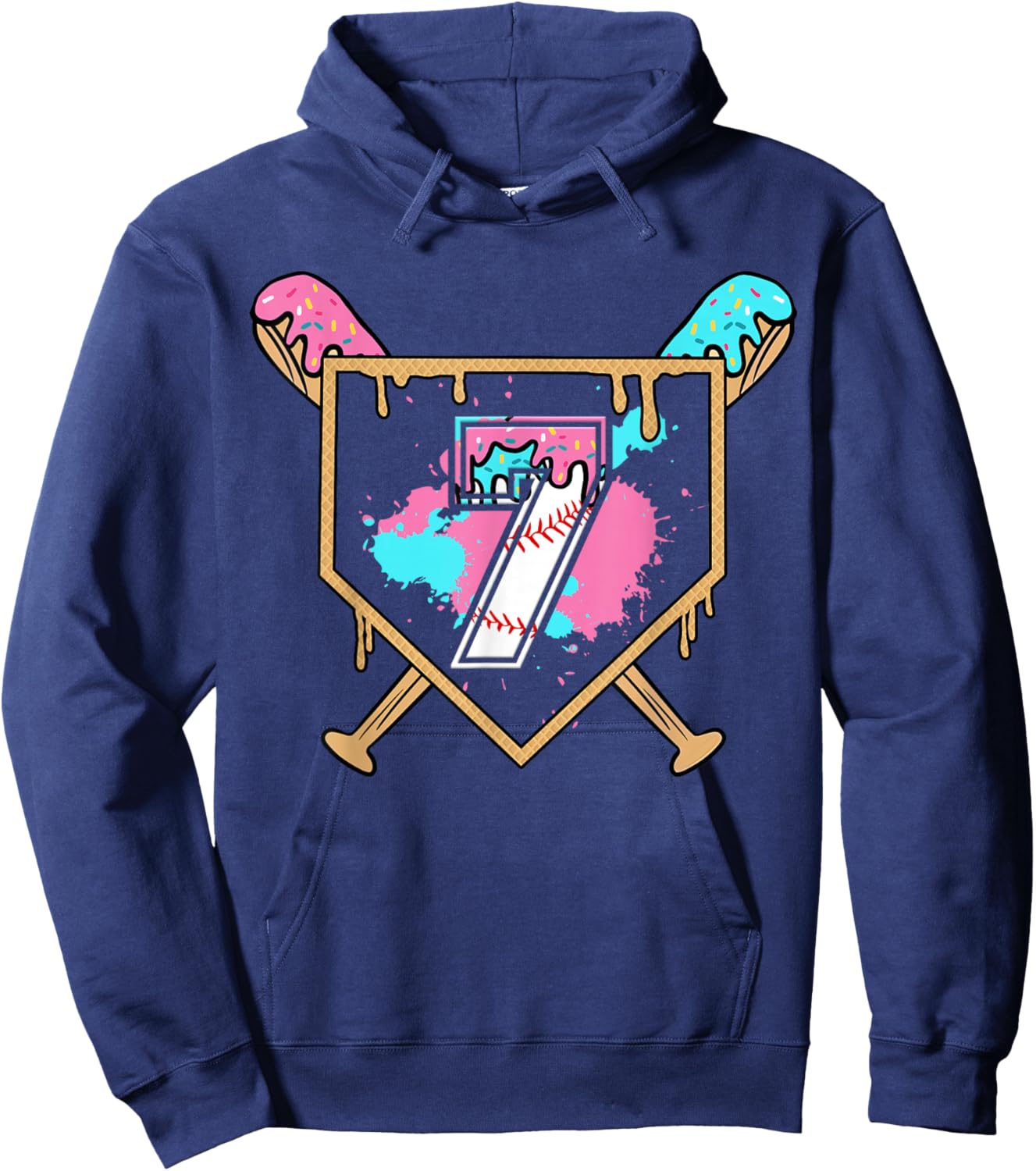 7th Birthday Baseball Bat Ice-Cream Drip 7yrs Old Boys Girls Hoodie - Hoodie | Navy