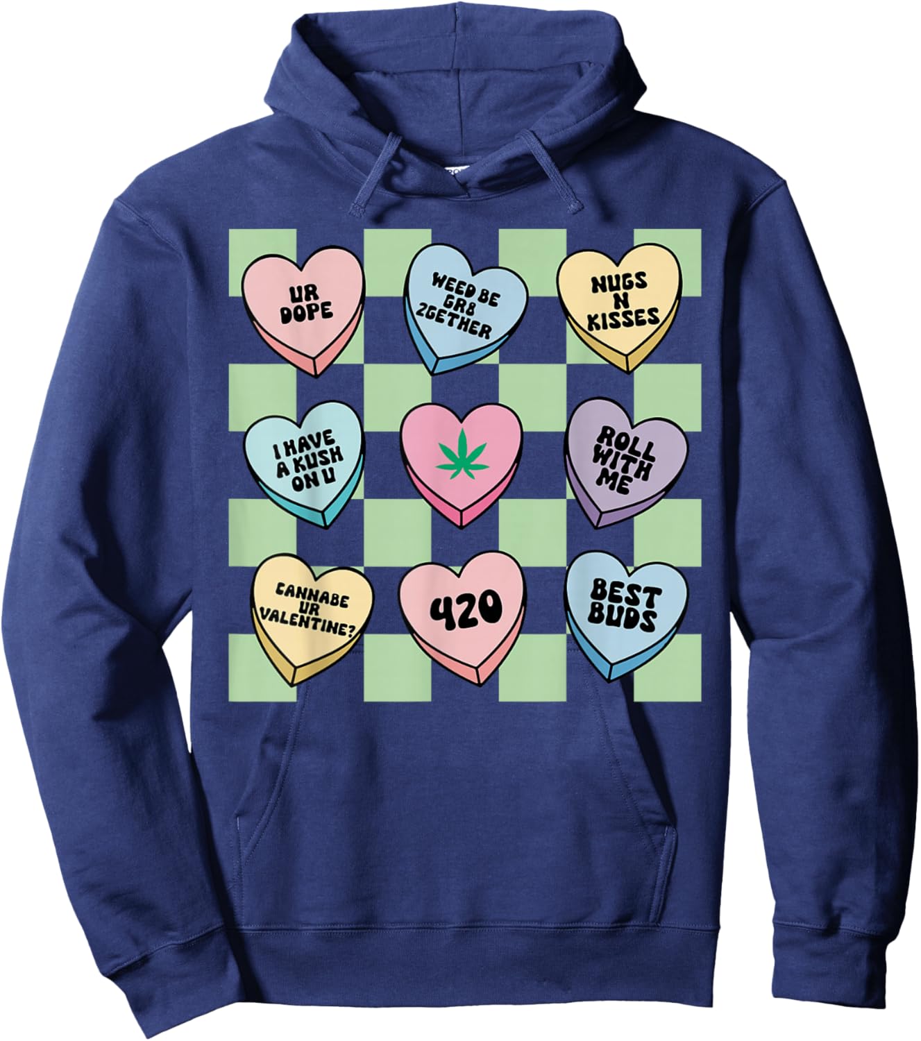 Retro Cannabis Candy Heart Valentines Marijuana Weed Stoner Hoodie - Hoodie | Navy