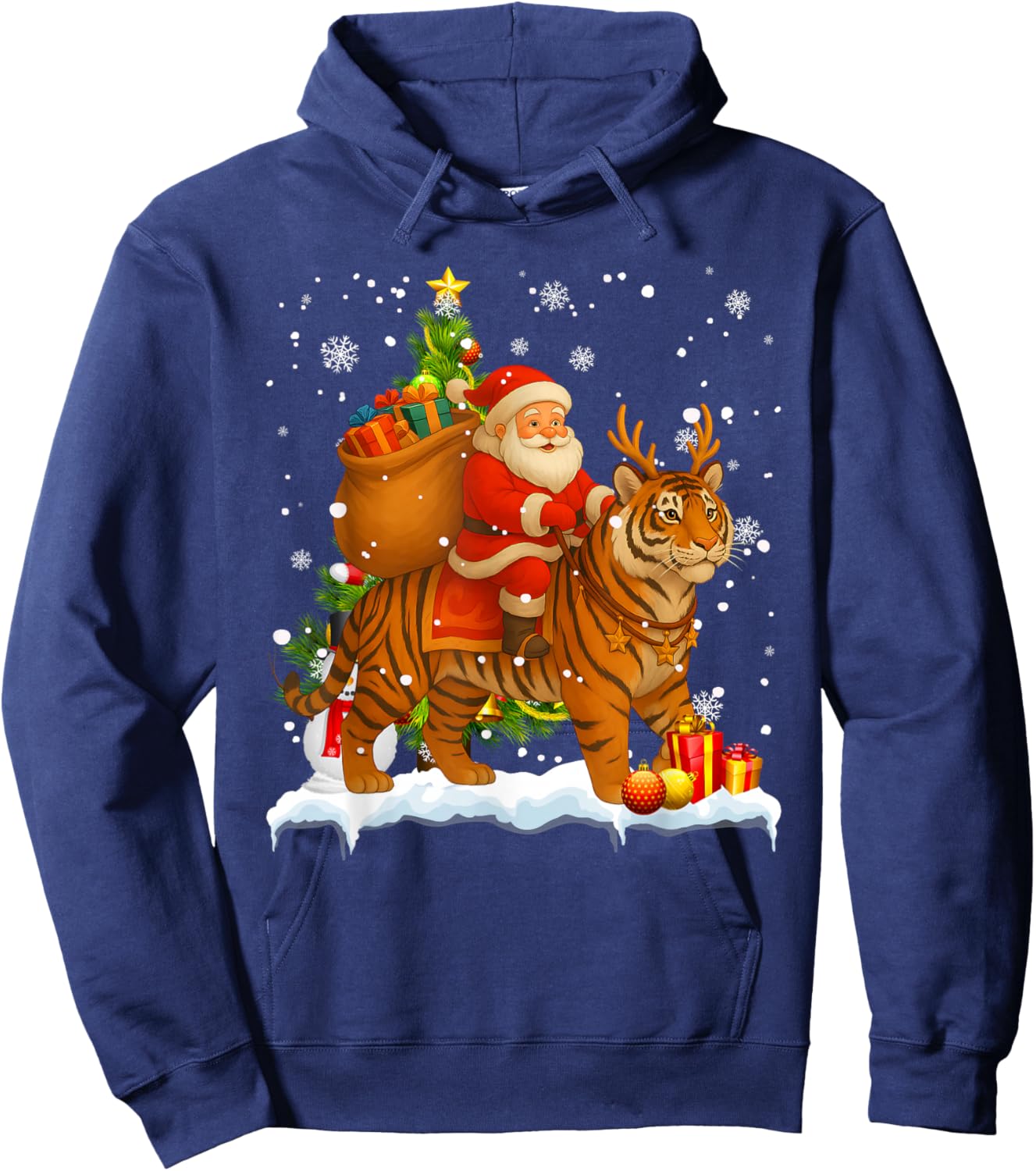 Xmas Decor Lights Funny Santa Riding Tiger Christmas Hoodie - Hoodie | Navy