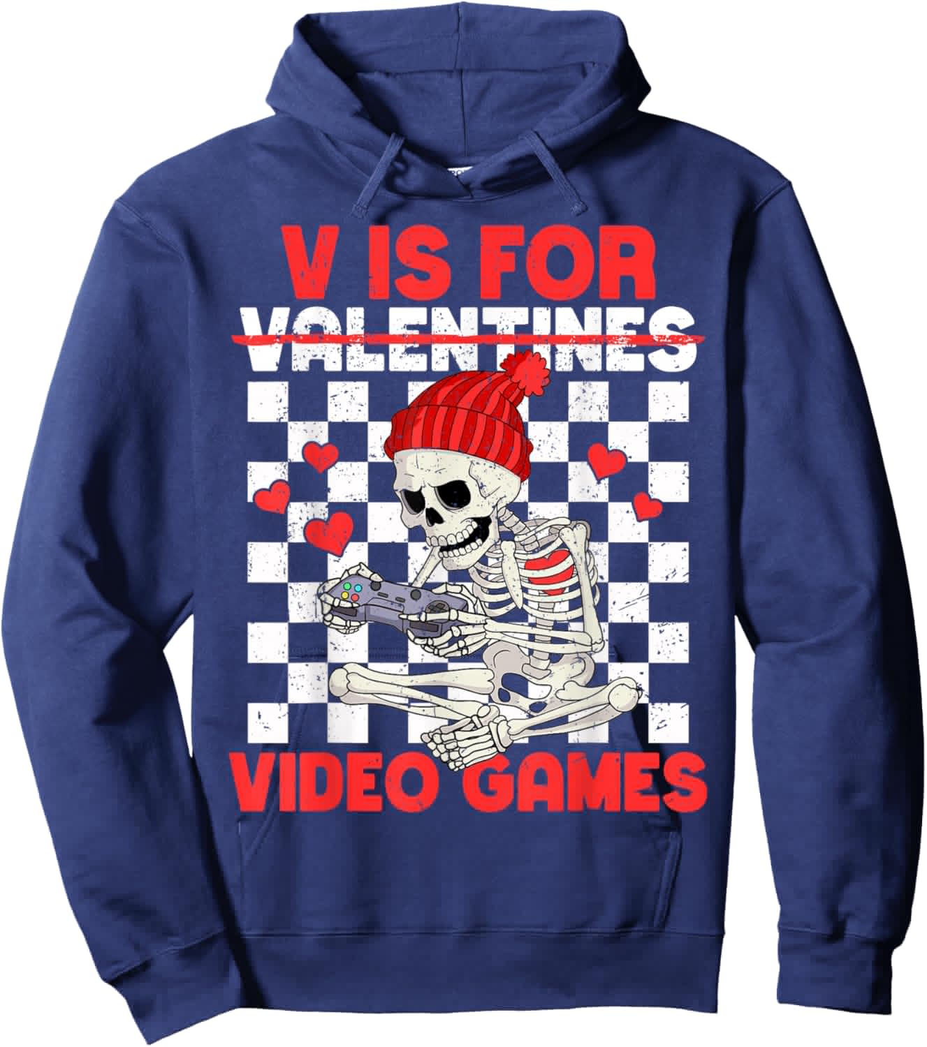 V is for Video Games Funny Boys Valentines Skeleton Gamer Hoodie - Hoodie | Navy