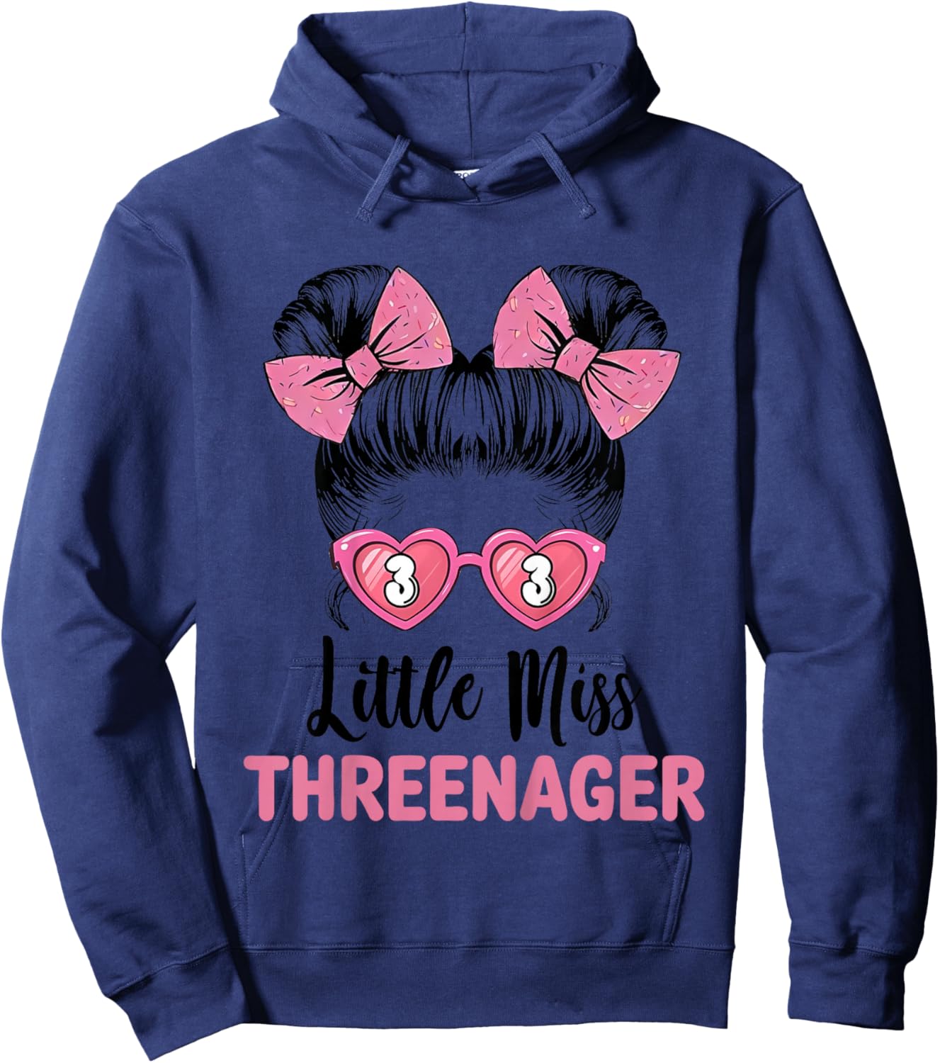 Little Miss Threenager 3rd Birthday 3 Messy Bun Girls Kids Hoodie - Hoodie | Navy
