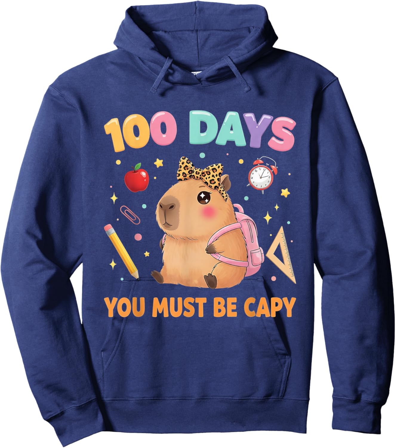 Cute 100 Days of School Capybara with Leopard Bow Teacher Hoodie - Hoodie | Navy