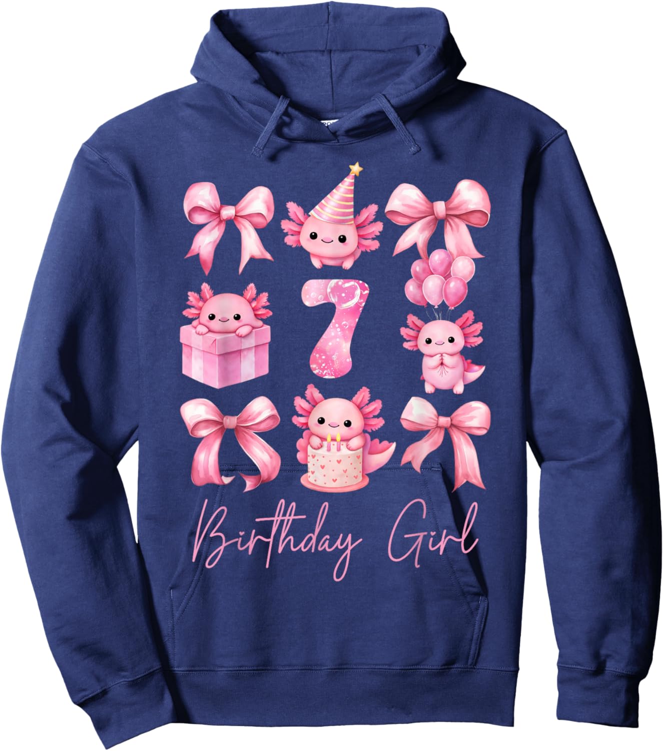 Cute Axolotl 7th Birthday Girl Pink Coquette Bow 7 Years Old Hoodie - Hoodie | Navy