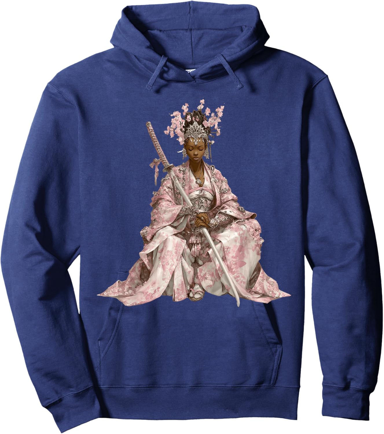 African Cherry Blossom Samurai Queen with Pink Kimono Hoodie - Hoodie | Navy