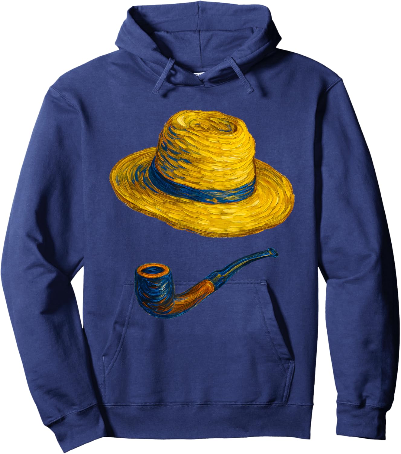 Straw Hat and Blue Pipe Van Gogh Style Art Painting Hoodie - Hoodie | Navy